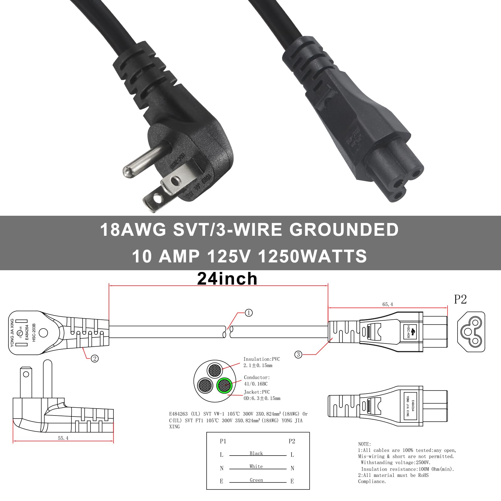 Us Standard Laptop Power Cord   2Ft 18Awg 90 Degree Flat Plug Nema 5 15P To Iec 60320 C5, Universal 3 Prong Ac Power Cable Repla