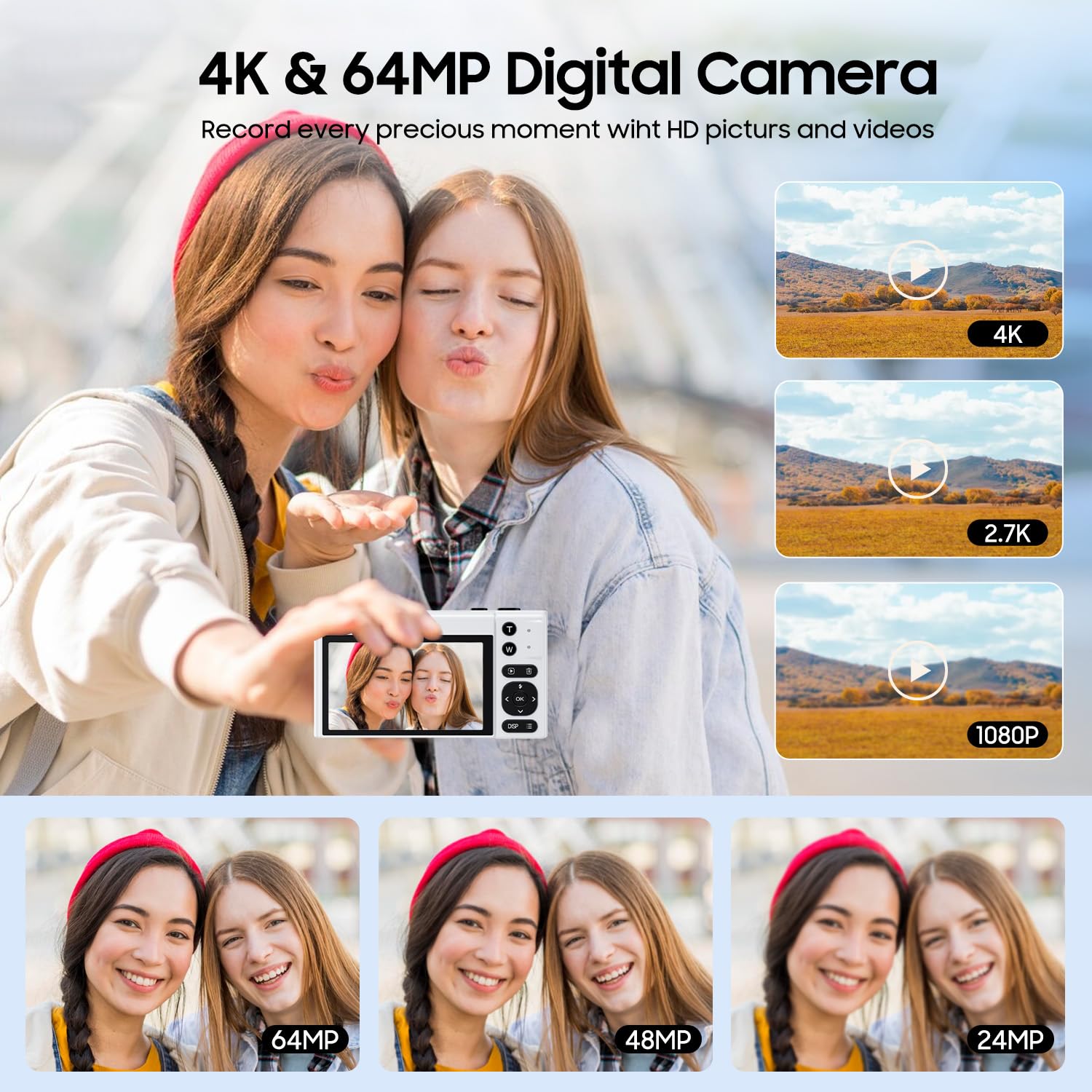 4K Digital Camera, 64Mp Vlogging Camera For Photography With 3'' 180 Flip Screen, 16X Digital Zoom Point And Shoot Camara With 6