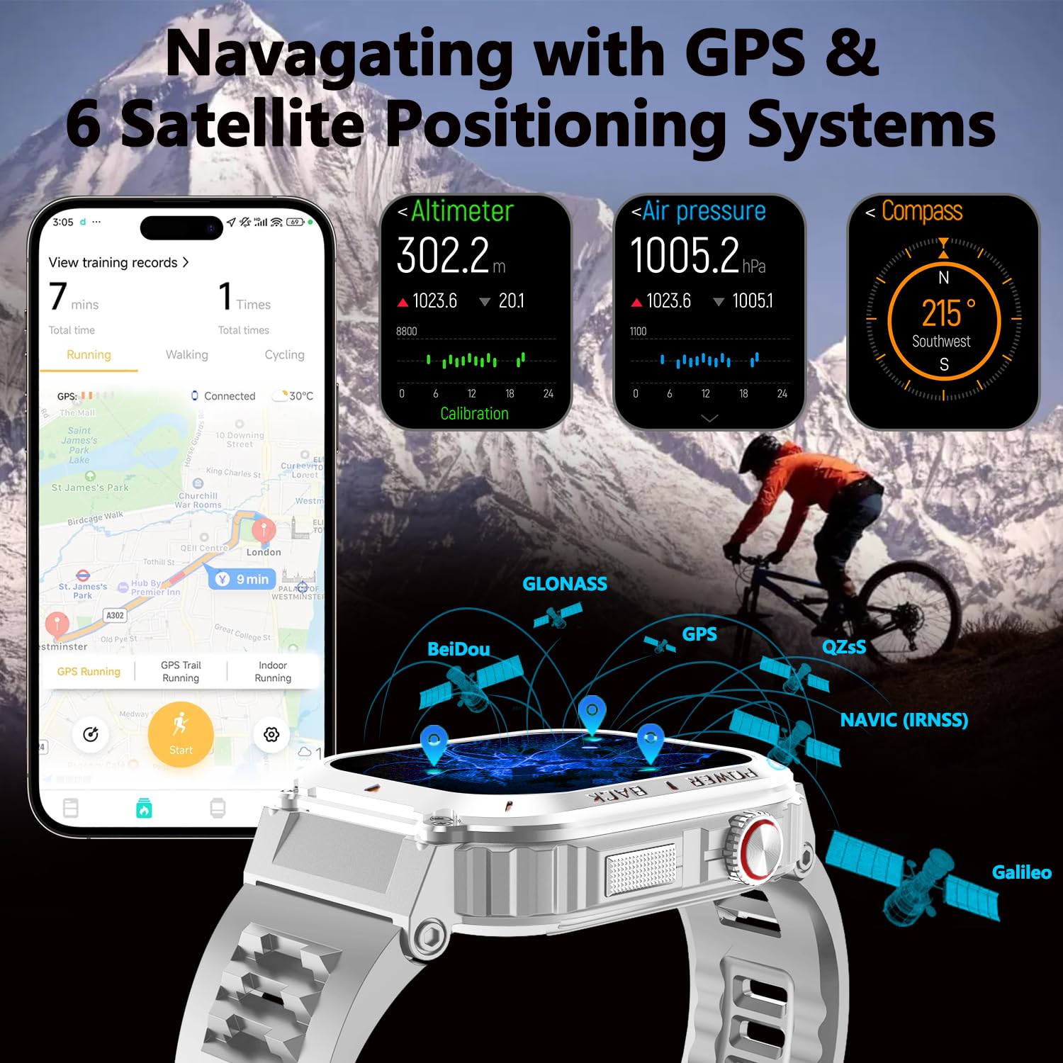 Military Gps Smart Watch For Men Pressure/Altitude/Compass,Fitness Smart Watch For Android Phones And Iphone,Outdoor Waterproof
