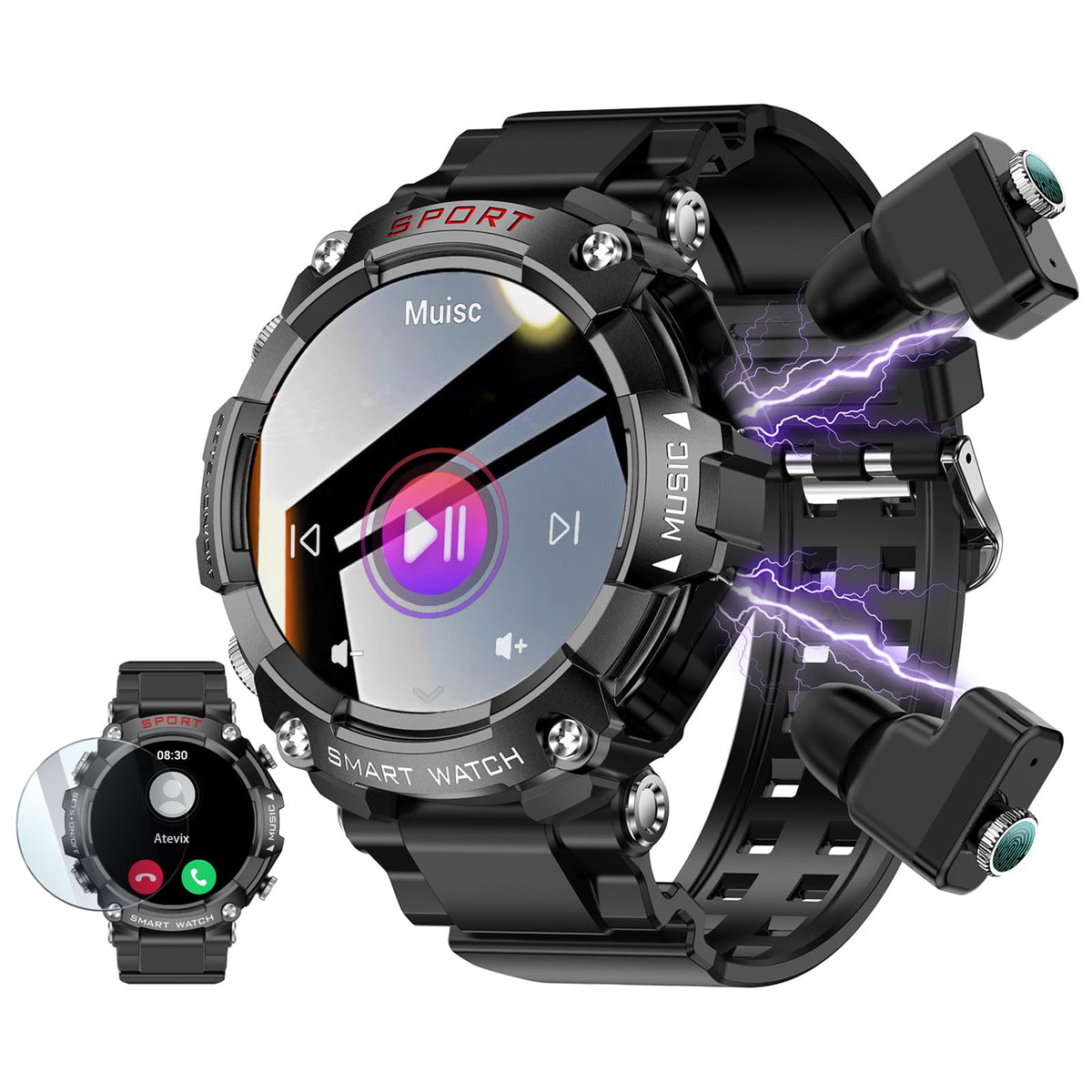 Atevix Smart Watch With Earbuds, 1.52 '' Hd Screen Smartwatch For Men, Rugged Military Bluetooth Call Fitness Tracker,3 In 1 Blu
