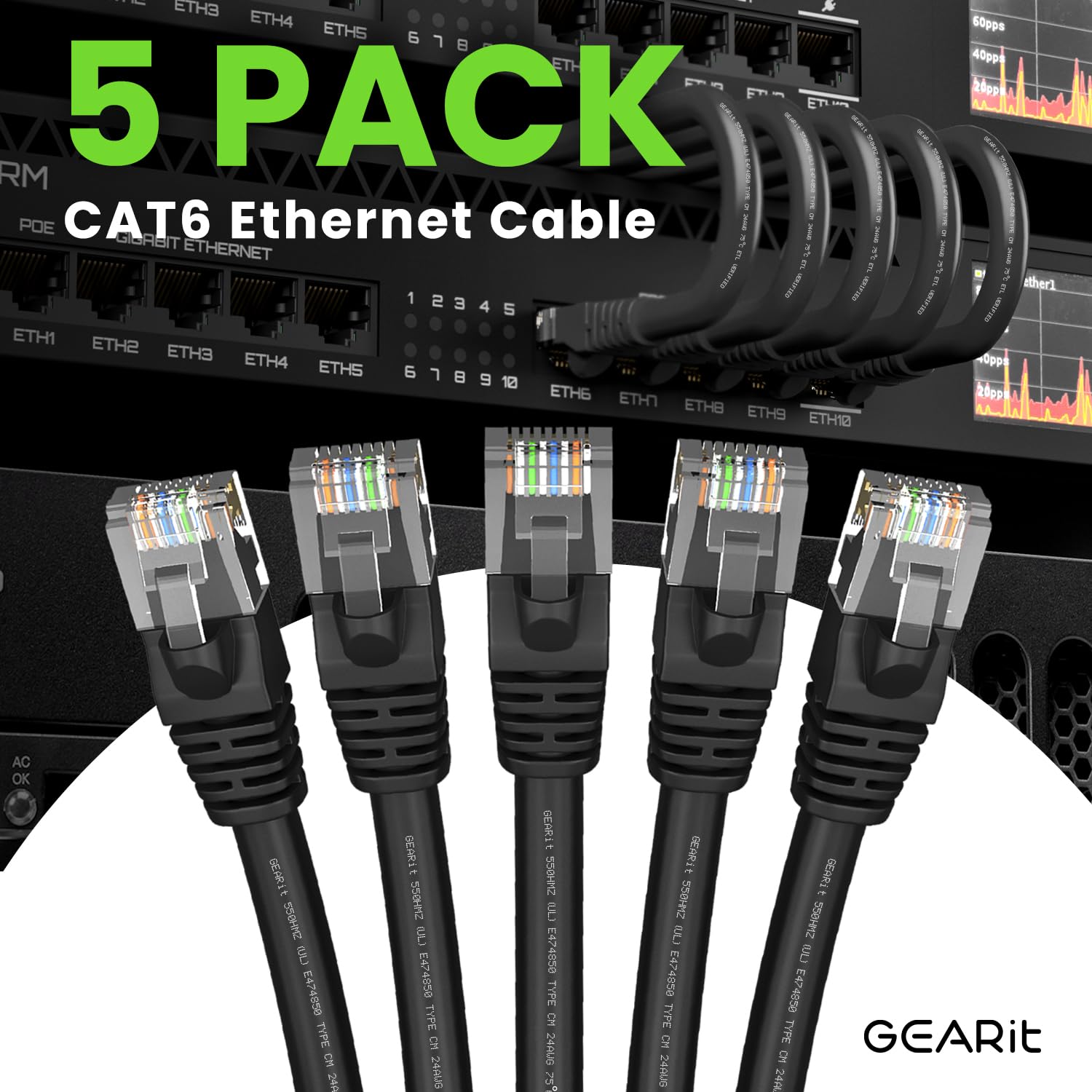 Gearit 5 Pack, Cat 6 Ethernet Cable Cat6 Snagless Patch 6 Feet   Snagless Rj45 Computer Lan Network Cord, Black   Compatible Wit