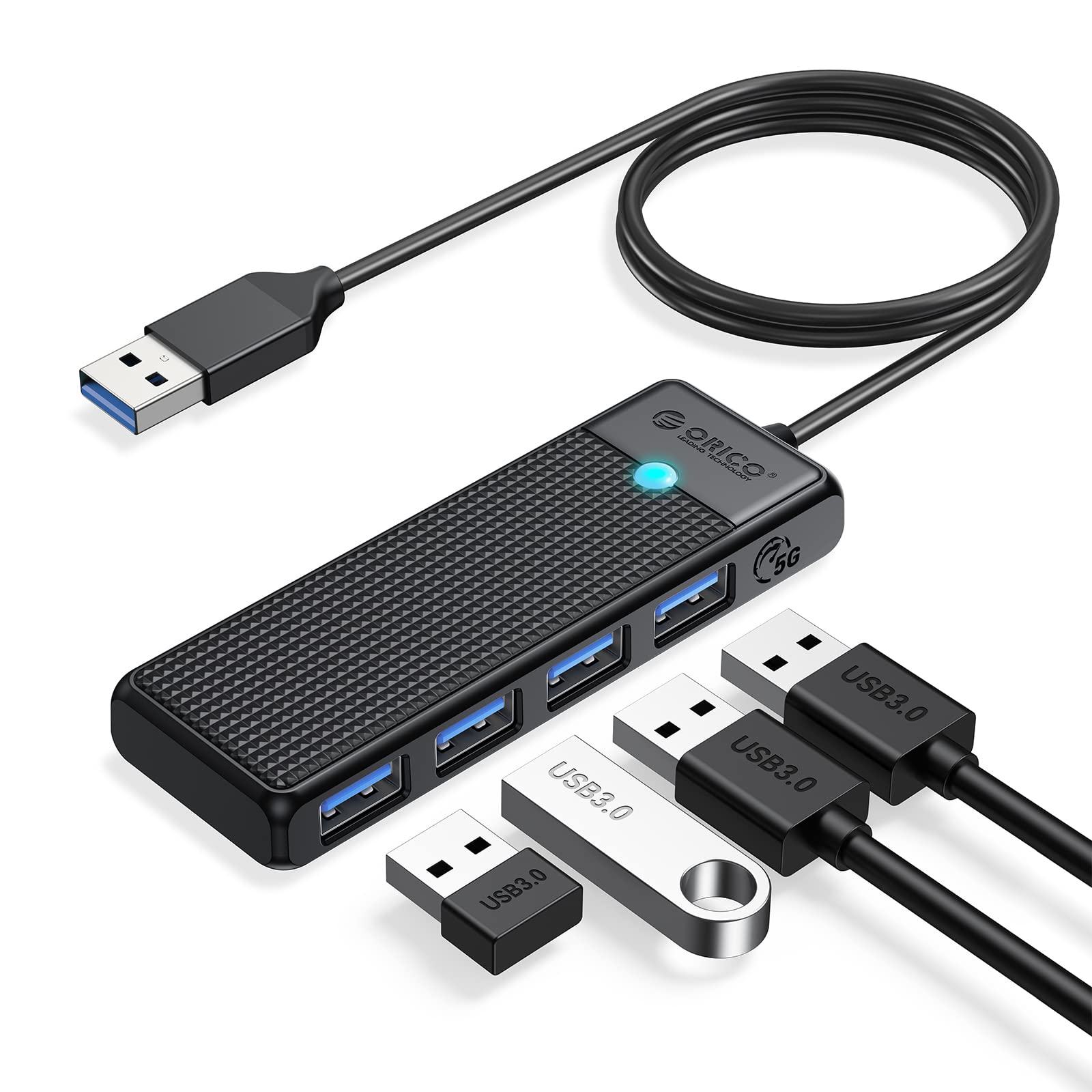 USB 3.0 Hub, ORICO 4 Port USB Hub with 3.3FT Long Cable, Ultra Slim USB Splitter for Laptop for MacBook, Mac Pro, iMac, Surface Pro, XPS, PS5,PC, Flash Drive, Mobile HDD(Black/3.3ft)