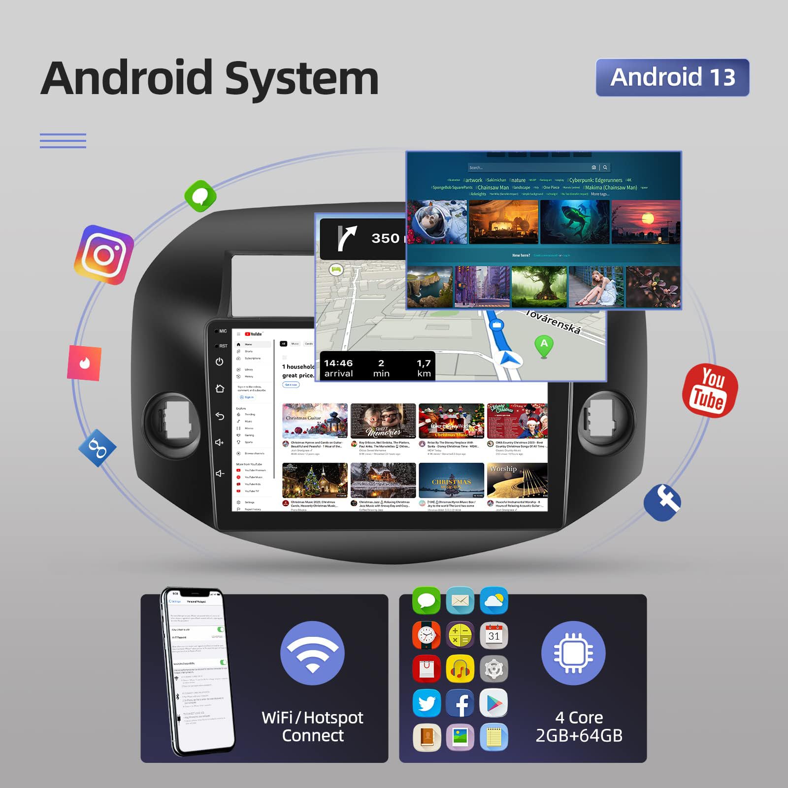 [2Gb+64Gb] 10.1 Inches Car Radio For Toyota Rav4 2007 2012, Android 13 Touch Screen Car Stereo, Carplay&Android Auto/1080P/Hi Fi