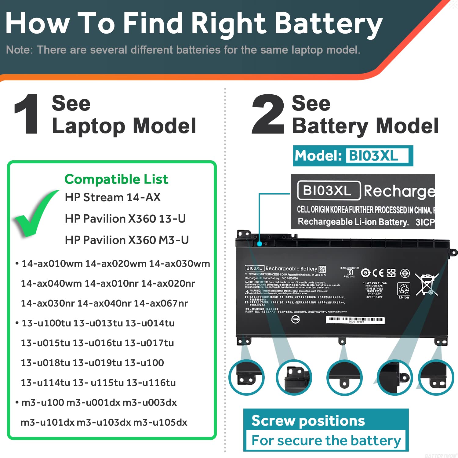 Bi03Xl Battery For Hp Pavilion X360 M3 U 13 U M3 U001Dx M3 U103Dx 13 U100Tu 13 U100Tu 13 U118Tu Stream 14 Ax 14 Ax010Nr 14 Ax020Wm 14 Ax030Wm Tpn W118 Laptop On03Xl Hstnn Lb7P Hstnn Ub6W 843537 541