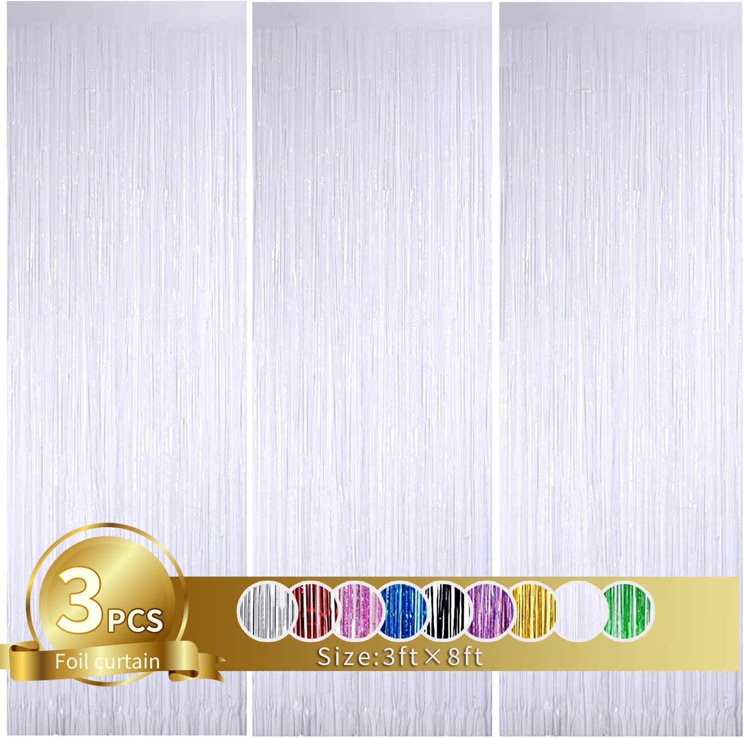 Toniful 3Pcs White Door Streamers,White Photo Booth Backdrop Metallic Streamers White Foil Fringe Curtains For Birthday,Christma