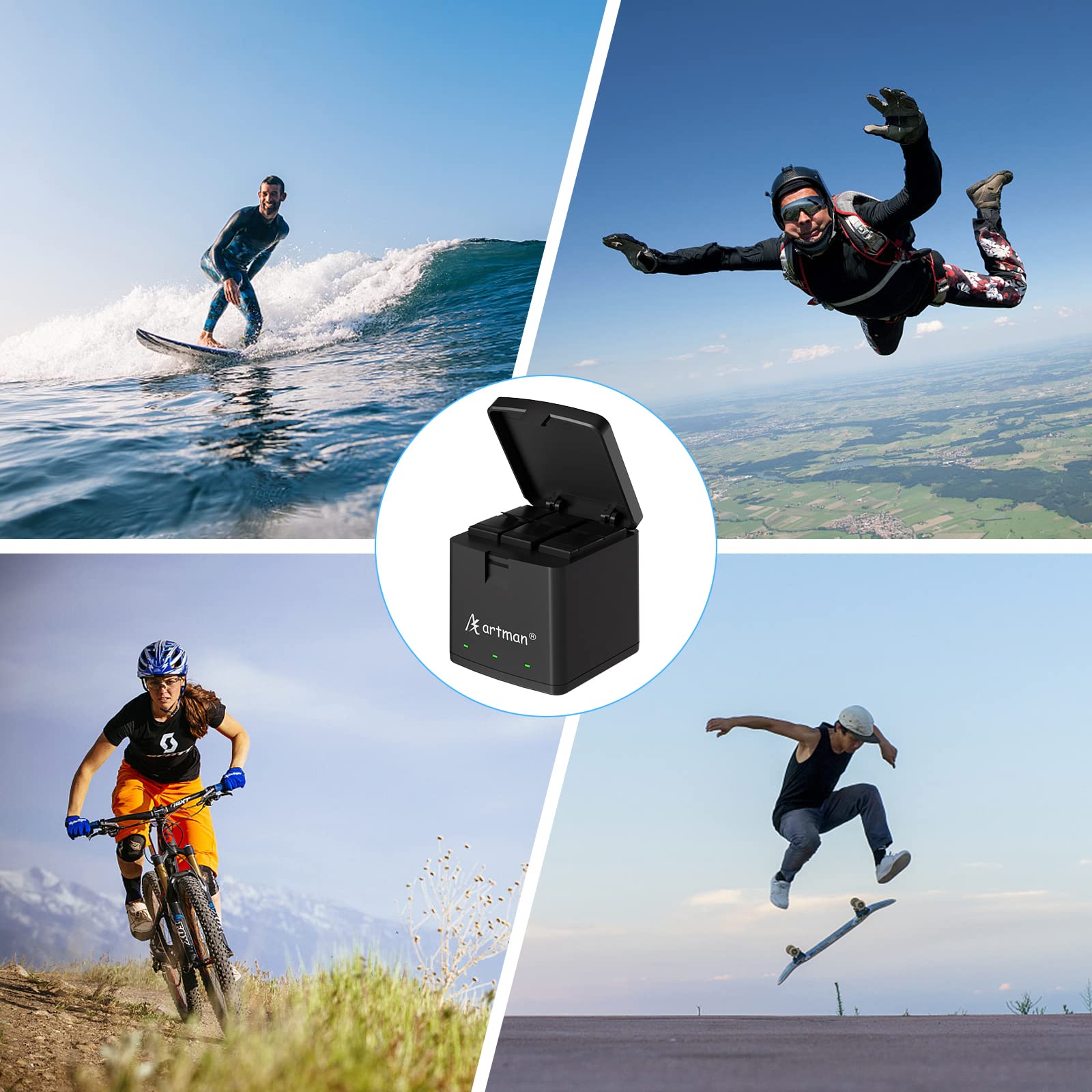 Artman Battery 1500Mah(3Xpack) And 3 Channel Led Usb Storage Charger For Gopro Hero 8 Black,Hero 7 Black,Hero 6/5 Black,Hero 201