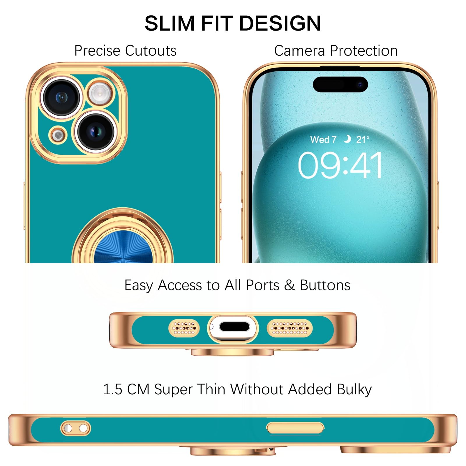 Bentoben Compatible With Iphone 15 Case, Phone Case Iphone 15, Slim Fit 360 Ring Holder Shockproof Kickstand Magnetic Car Mount