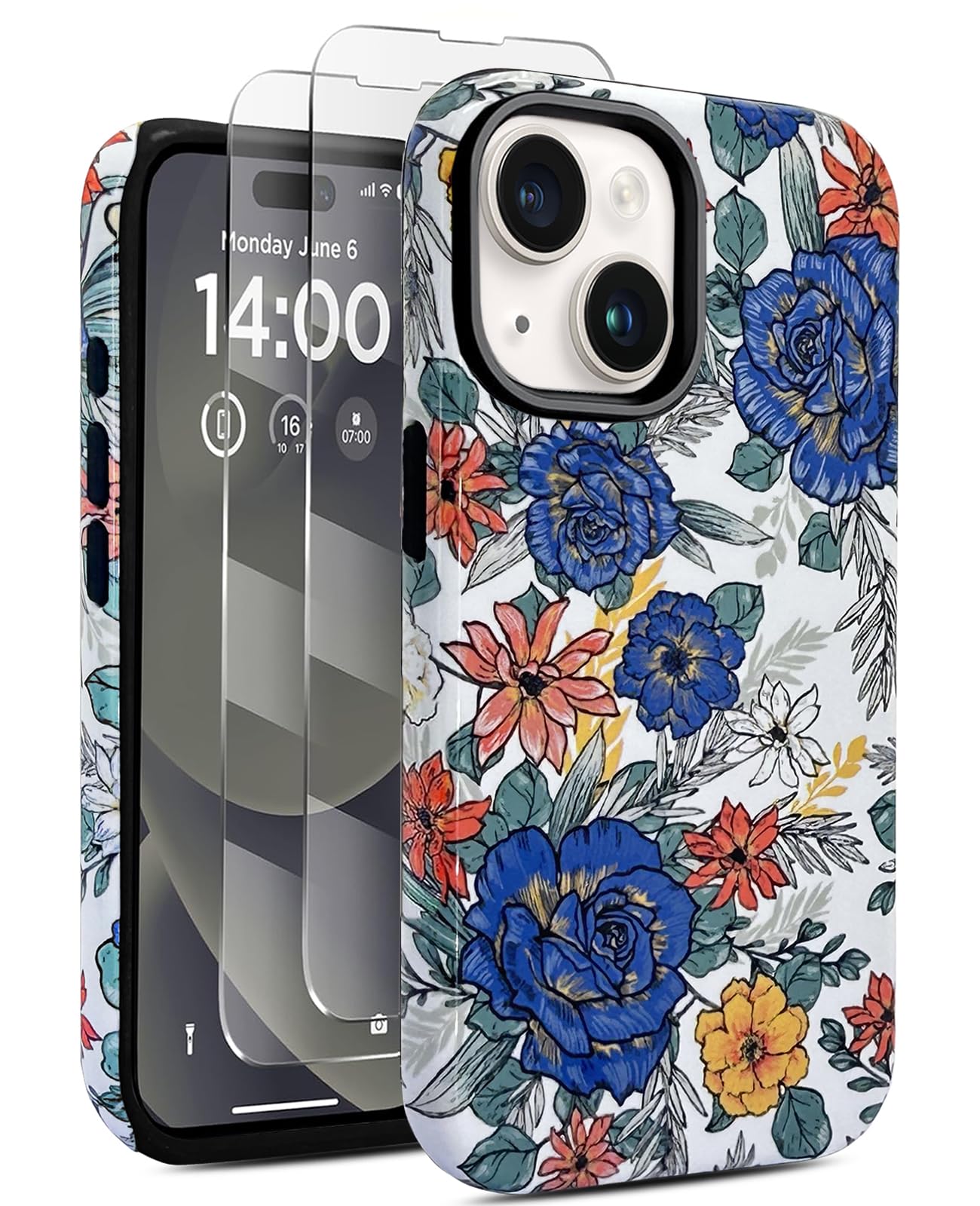 J.west Compatible with iPhone 15 Case 6.1 inch with 2 Pack Tempered Glass Screen Protectors Cute Vintage Floral Flowers Hybrid C