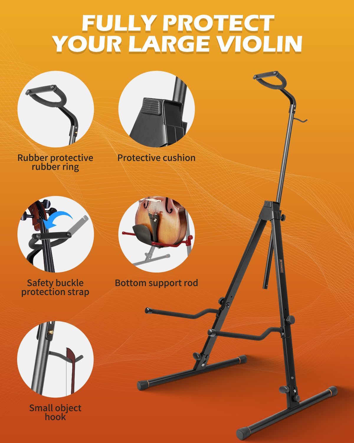 Strich Adjustable Cello Stand With Bow Hook,Sturdy And Double Bass,Upright Bass,Contrabass,Bass Violin,Fiddle,Floor Steel Holder