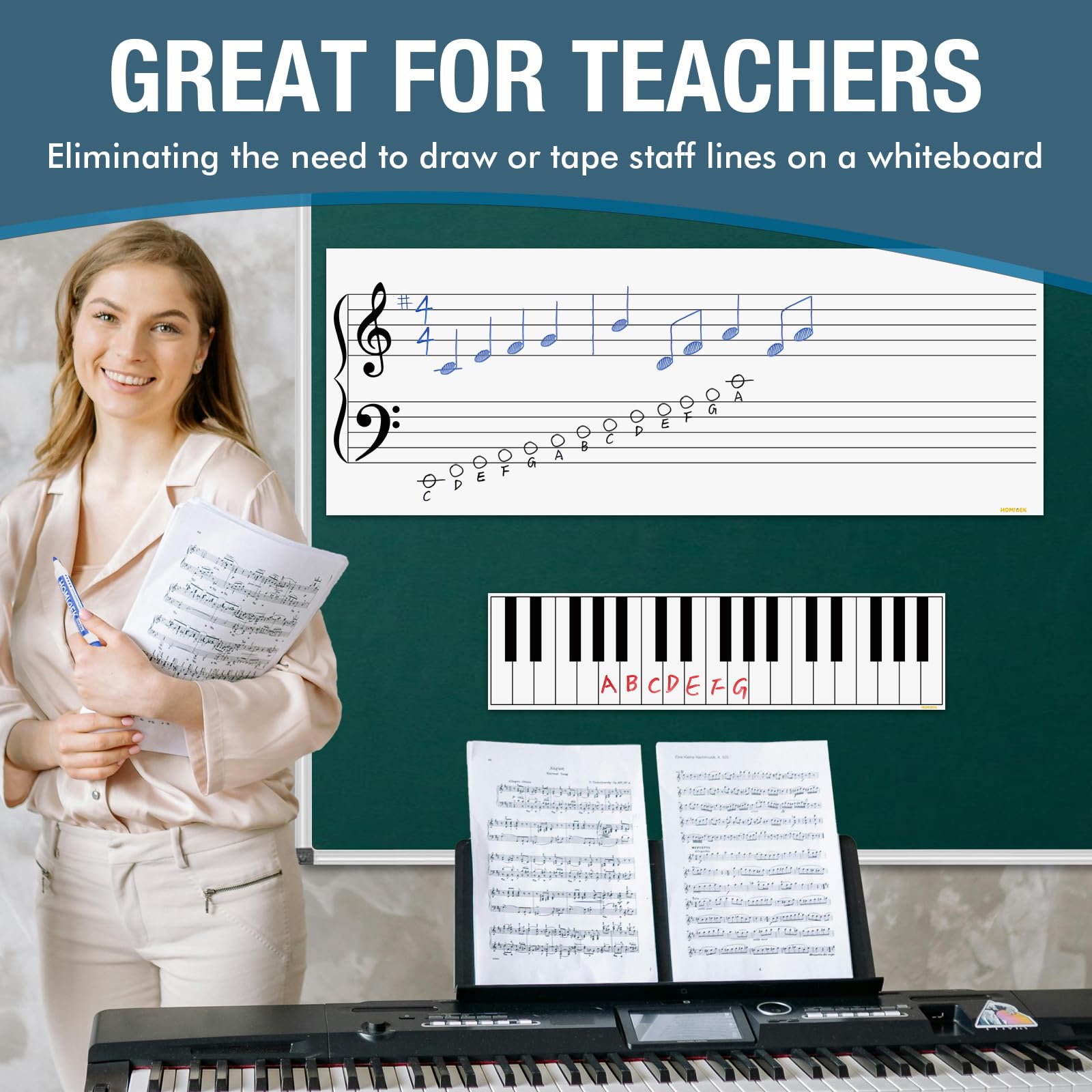 Homidek Large Magnetic Backing Dry Erase Music Staff Whiteboard Sheet, 47  X 17.5  Grand Staff Magnet With 23.5  X 6  Piano Keyb