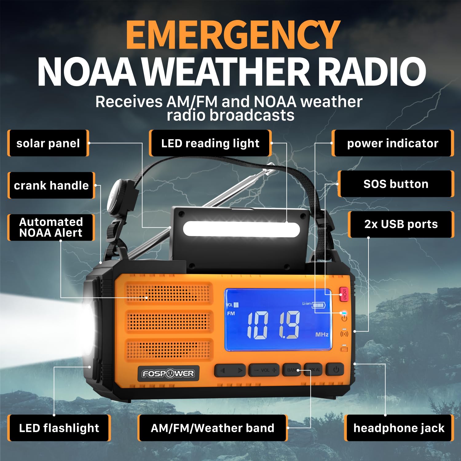 Fospower Emergency Weather Radio (Model D8) Noaa/Am/Fm With 10,000Mah/37000Mwh Portable Power Bank, Usb/Solar/Hand Crank Chargin