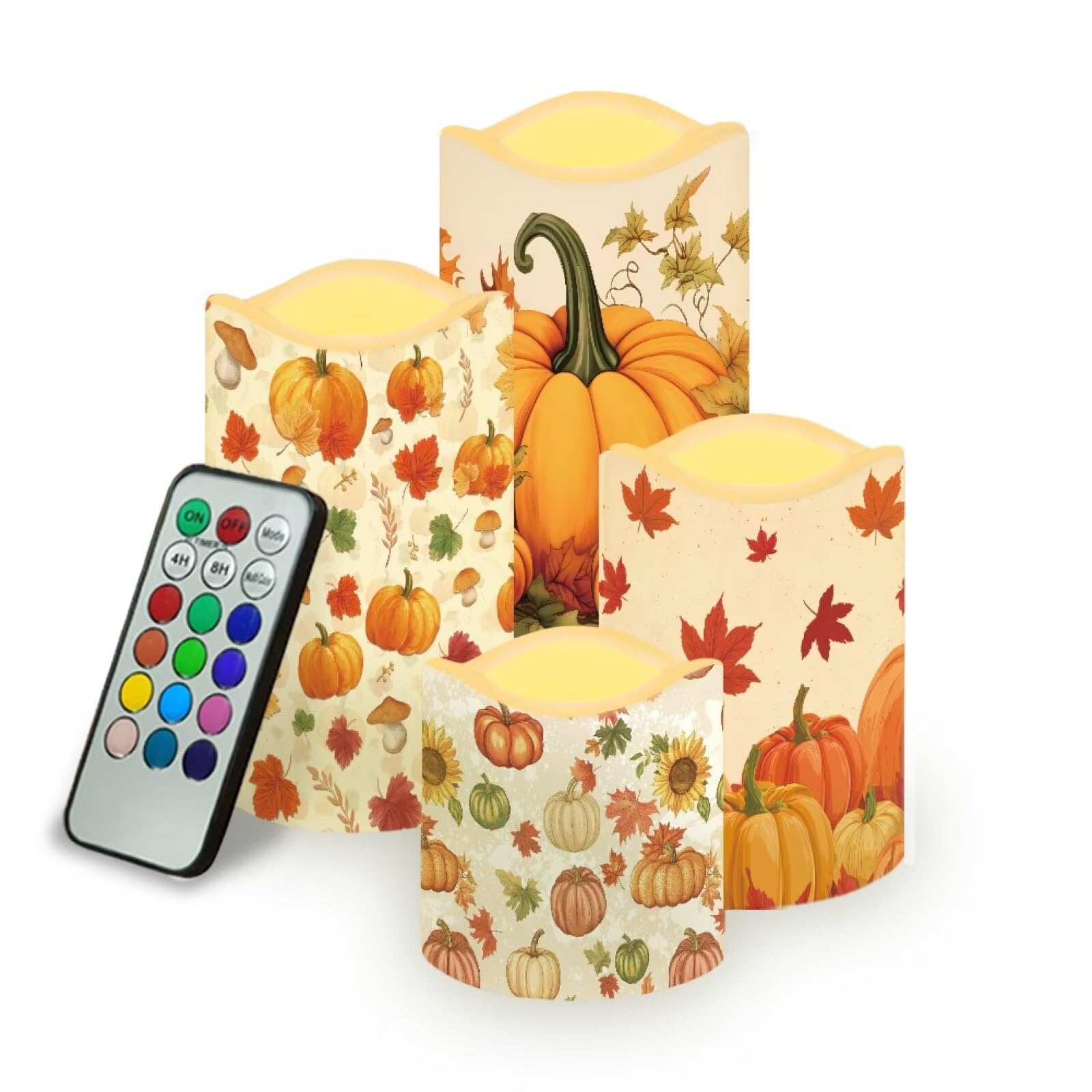 Uorisanigo Pumpkin and Maple Leaf Plastic Flameless Candles with Remote Control and Timer LED Flickering Battery Operated Color 