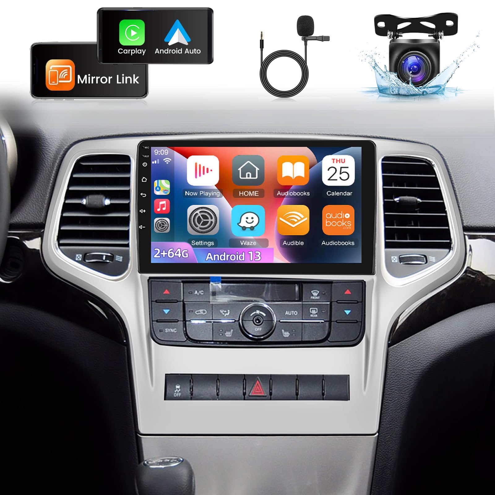 2+64G Android 13 Car Stereo For Jeep Grand Cherokee 2008 2013   Wireless Apple Carplay & Android Auto, 9 Inch Car Radio With Wif