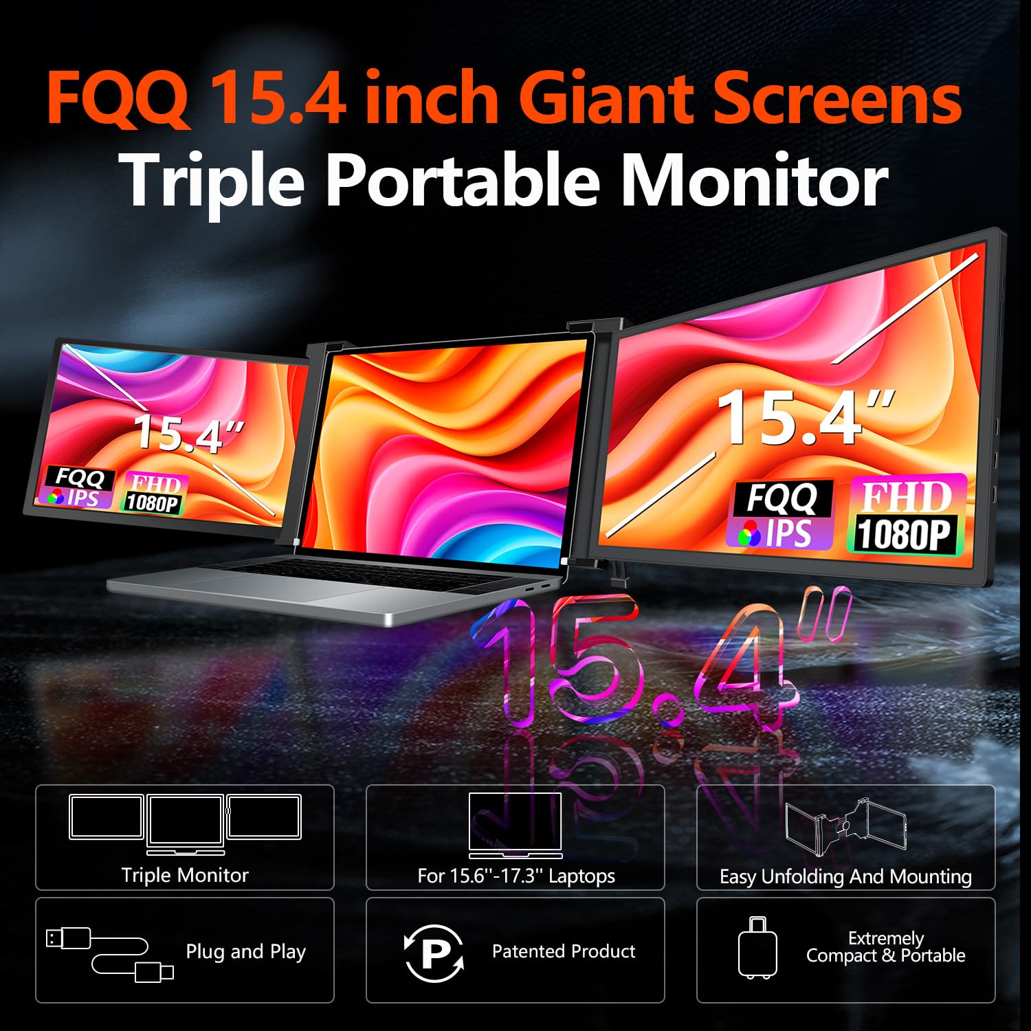 Fqq 15.4    Triple Portable Monitor For 15.6 17.3    Laptops, 1080P Fhd Ips Laptop Screen Extender, Dual Monitor Display Compati