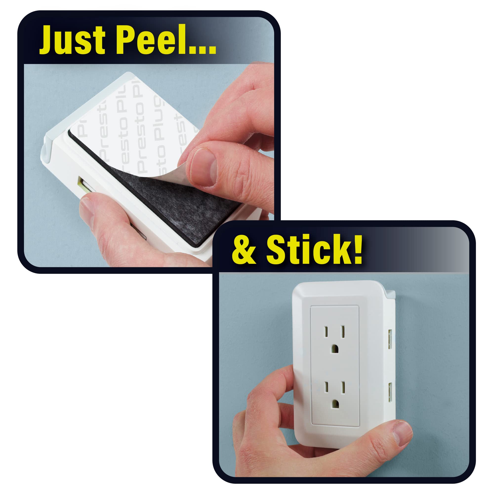 Ontel Presto Plug Outlet Extender For Relocating Unreachable Power Outlets, 4Ft Cord, Sticks Easily On Wall, Provides Surge Prot