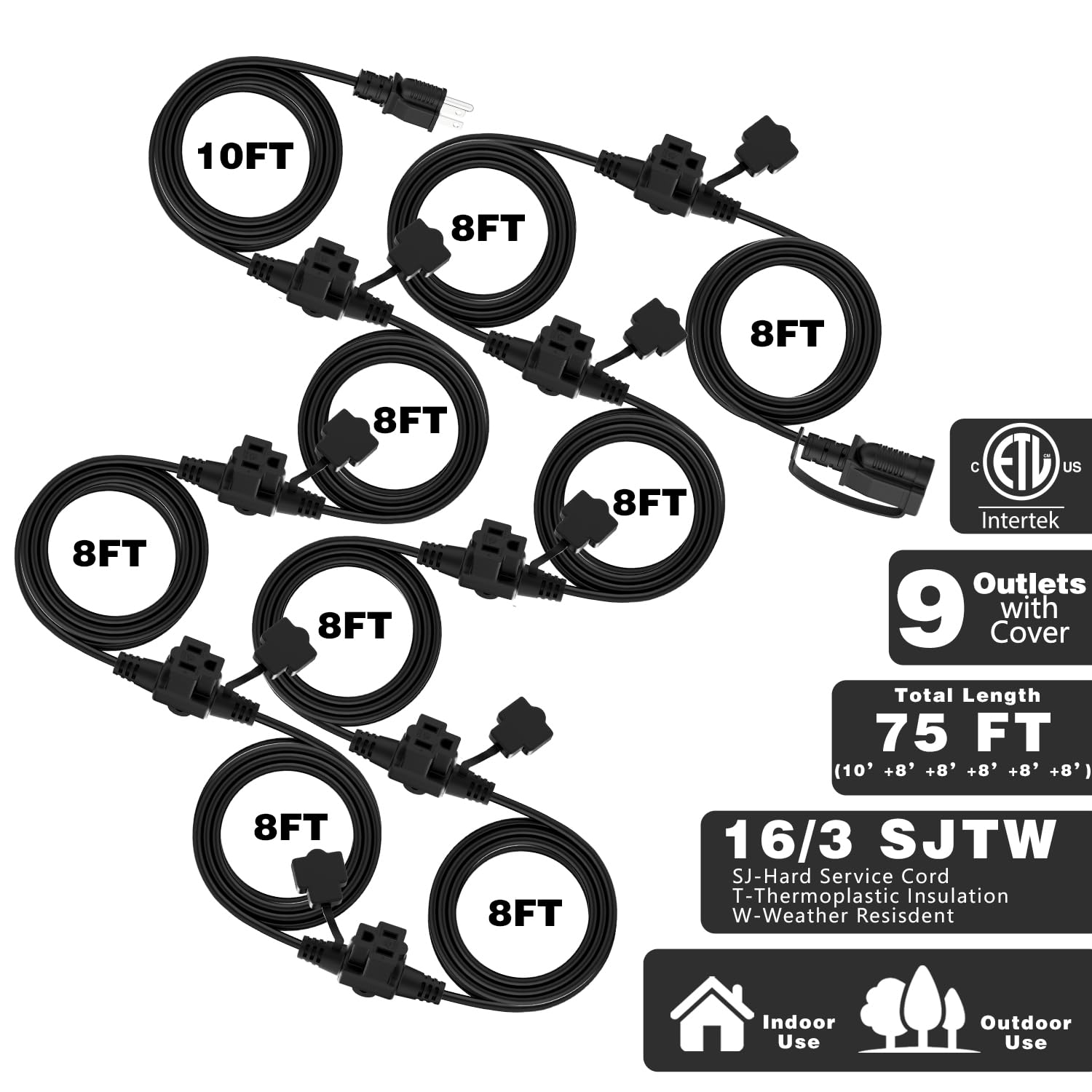 K Kasonic   Outdoor Extension Cord 75 Ft, Evenly Spaced 6 Outlets Plugs, 16/3 Sjtw Weatherproof Multiple Outlets Wire For Landsc
