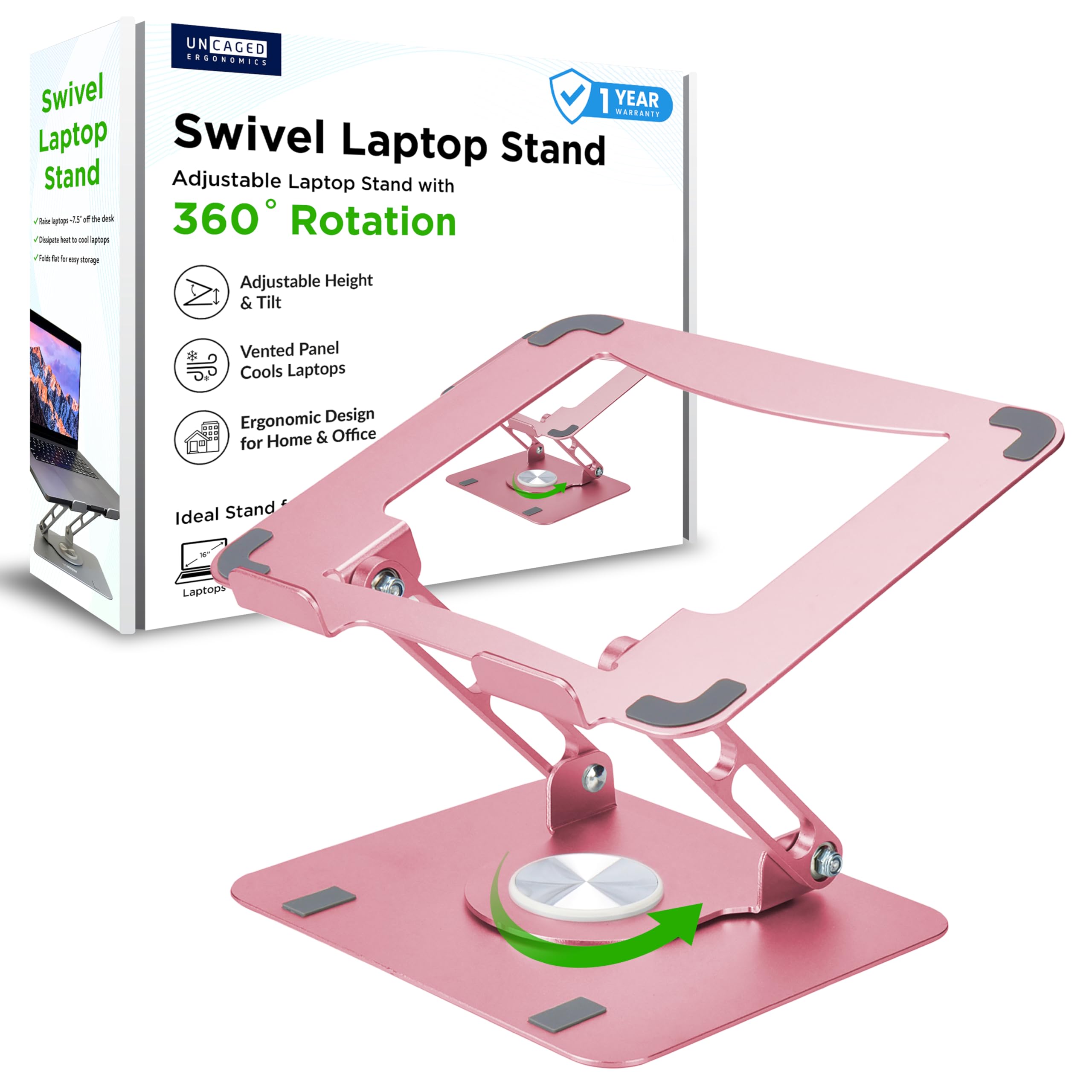 Uncaged Ergonomics Swivel Laptop Stand For Desk, Adjustable Computer Ipad Stand For Desk W/ 360 Rotation, Portable Laptop Holder