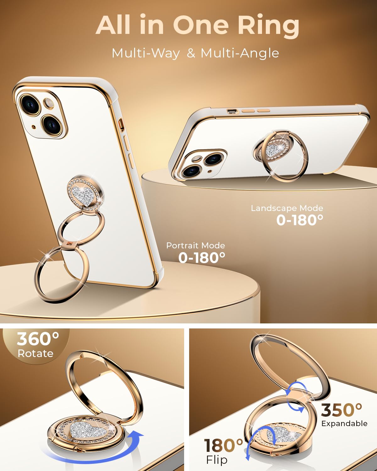 Xyz For Iphone 15 Plus Case With Stand, Phone Case With Double Ring Kickstand, Women Girls Bling Luxury Protective Case Heart Fo