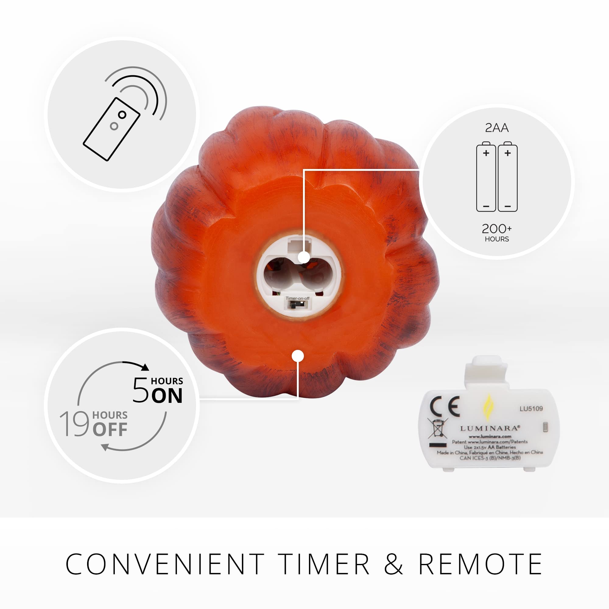 Luminara Pumpkin Figural Flameless Flickering Moving Flame Led Candle (5.25'' X 4.5''), Smooth Real Unscented Wax, Time Function