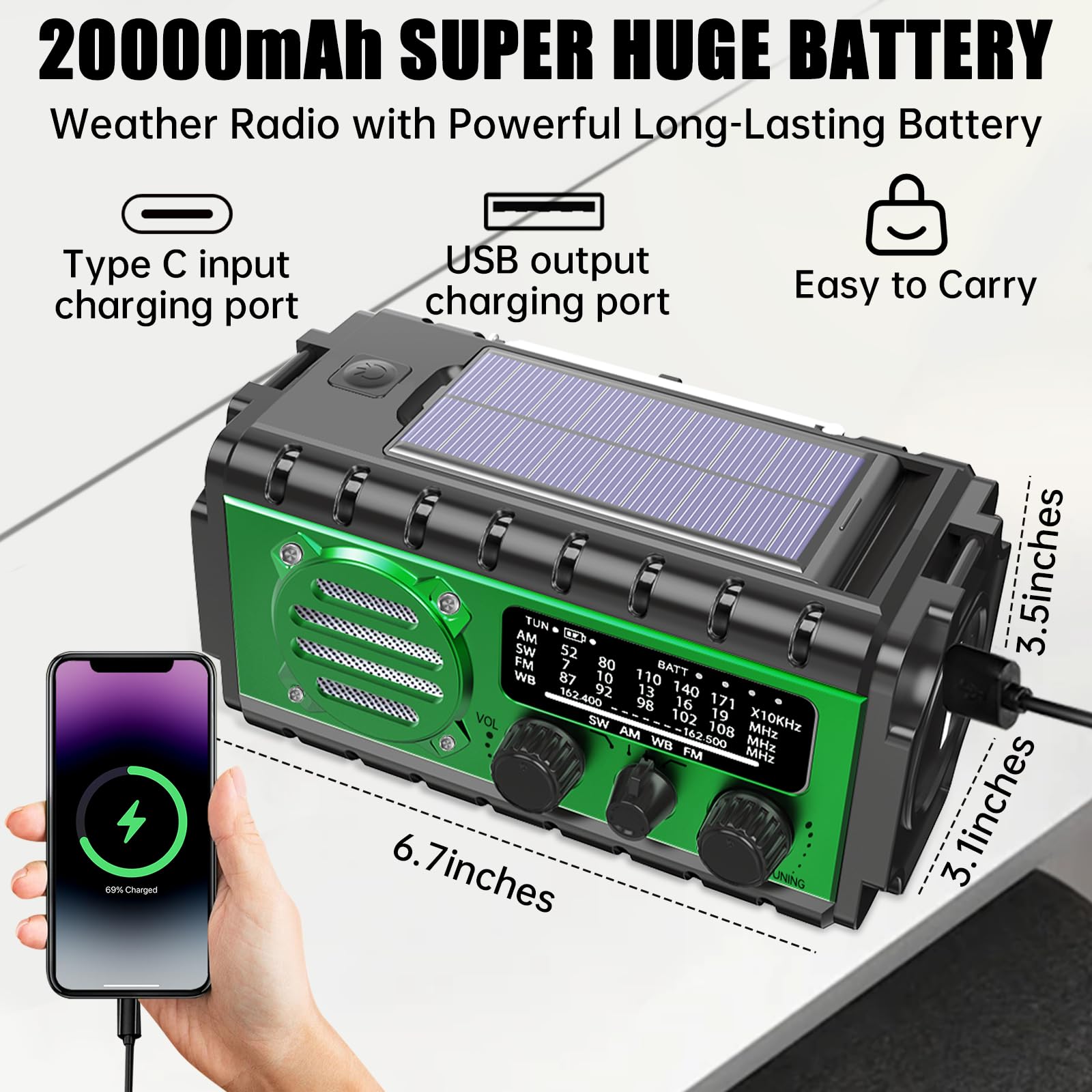 Aivica Sw/Noaa/Am/Fm Eergency Radio,20000Mah/74000Mwh Weather Radio, Solar Powered Hand Crank Chager With Bige Batery Powered,Po