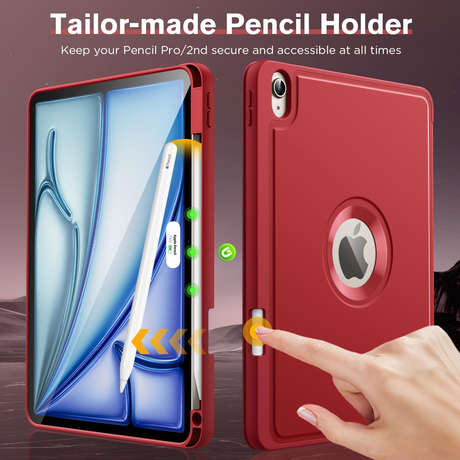 MoKo for iPad Air 11 Inch Case (M2) 2024, iPad Air 6th Generation Case/iPad Air 5th/4th Gen 2022/2020 with Pencil Holder, Smart Trifold Protective iPad Case, Hollow Logo/Auto Wake/Sleep, Red