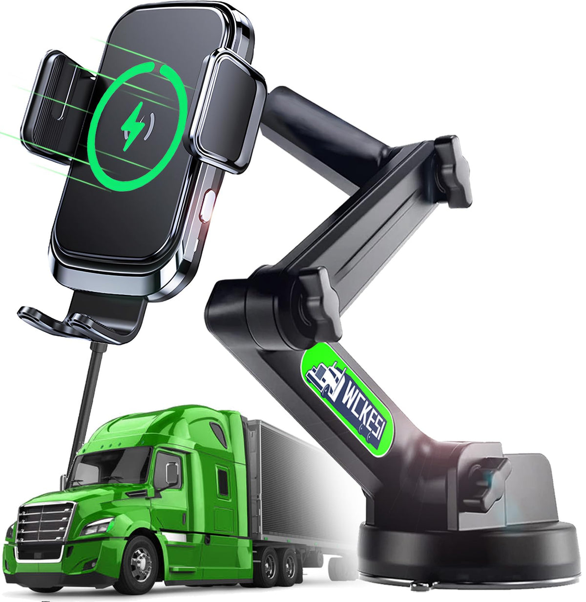 Wckesi Truck Phone Holder Mount Wireless Charger Heavy Duty For Car 15W Smart Fast Charging 14 Inch Long Arm Pickup Truck Windsh