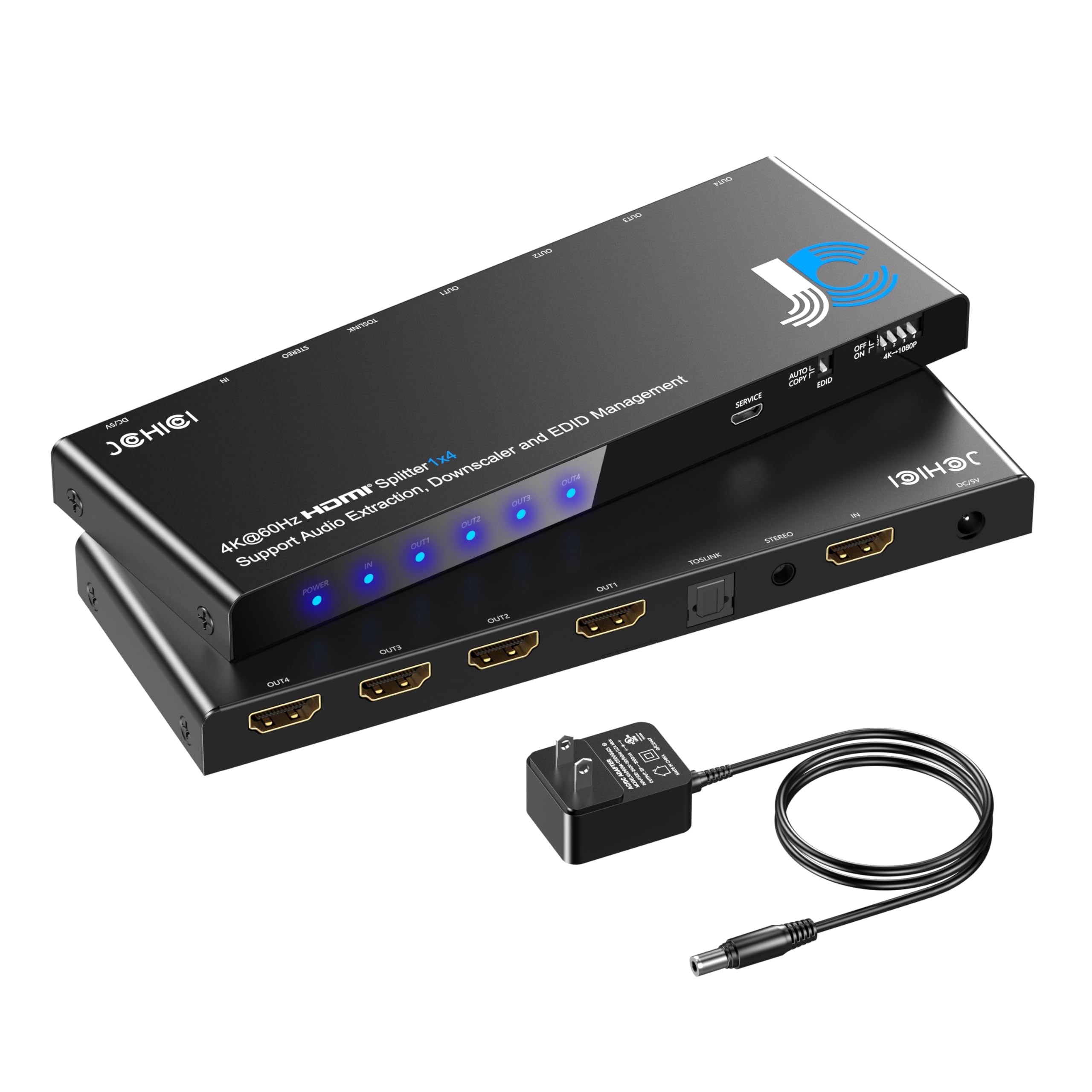 JCHICI 1x4 HDMI Splitter 4K@60Hz 4:4:4 HDR - with Audio Extractor (Optical/3.5mm), HDMI Switcher Splitter with EDID Management &