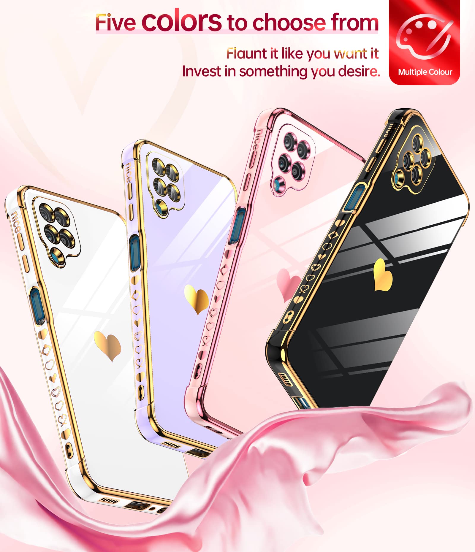 LeYi Samsung Galaxy A12 Phone Case Pink with Tempered Glass & Full Camera Lens Protection, Plating Love Heart Soft TPU