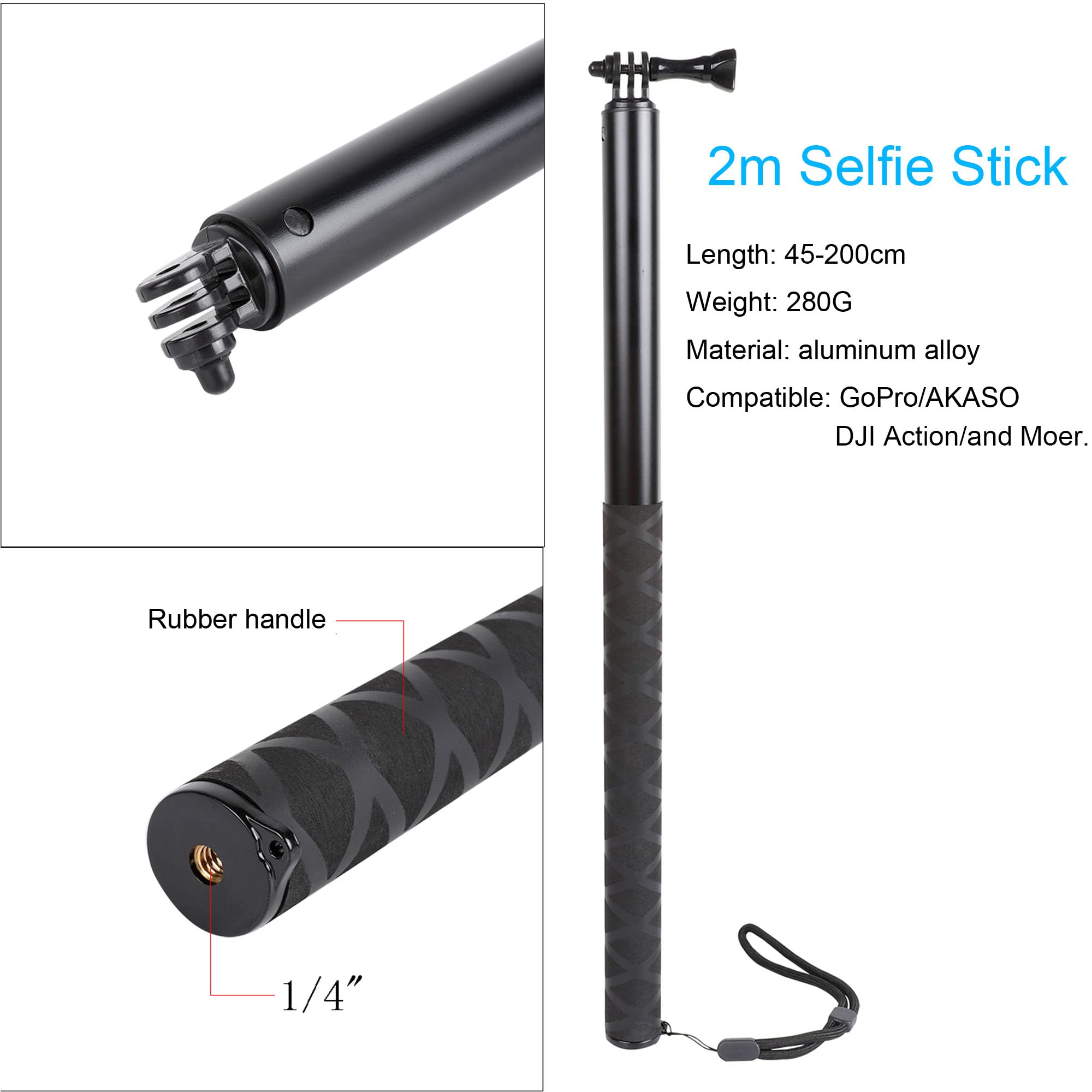 79Inch Long Selfie Stick For Gopro 13/12 11 10 9 8 7 6 5 Blcak 4 Silver Go Pro Max Session, Dji Osmo Action 5 4 3 2,Akaso,Insta360 One Rs R Cameras, 45 200Cm Extendable Pole Monopod