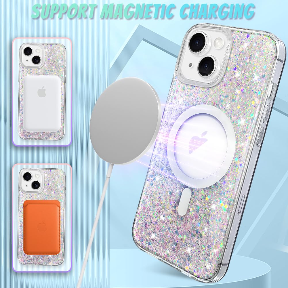 Bonoma For Iphone 14 Case, Sparkly Glitter Bling Back, Magnetic Support For Magsafe Shockproof Case, Crystal And Clear High Duty