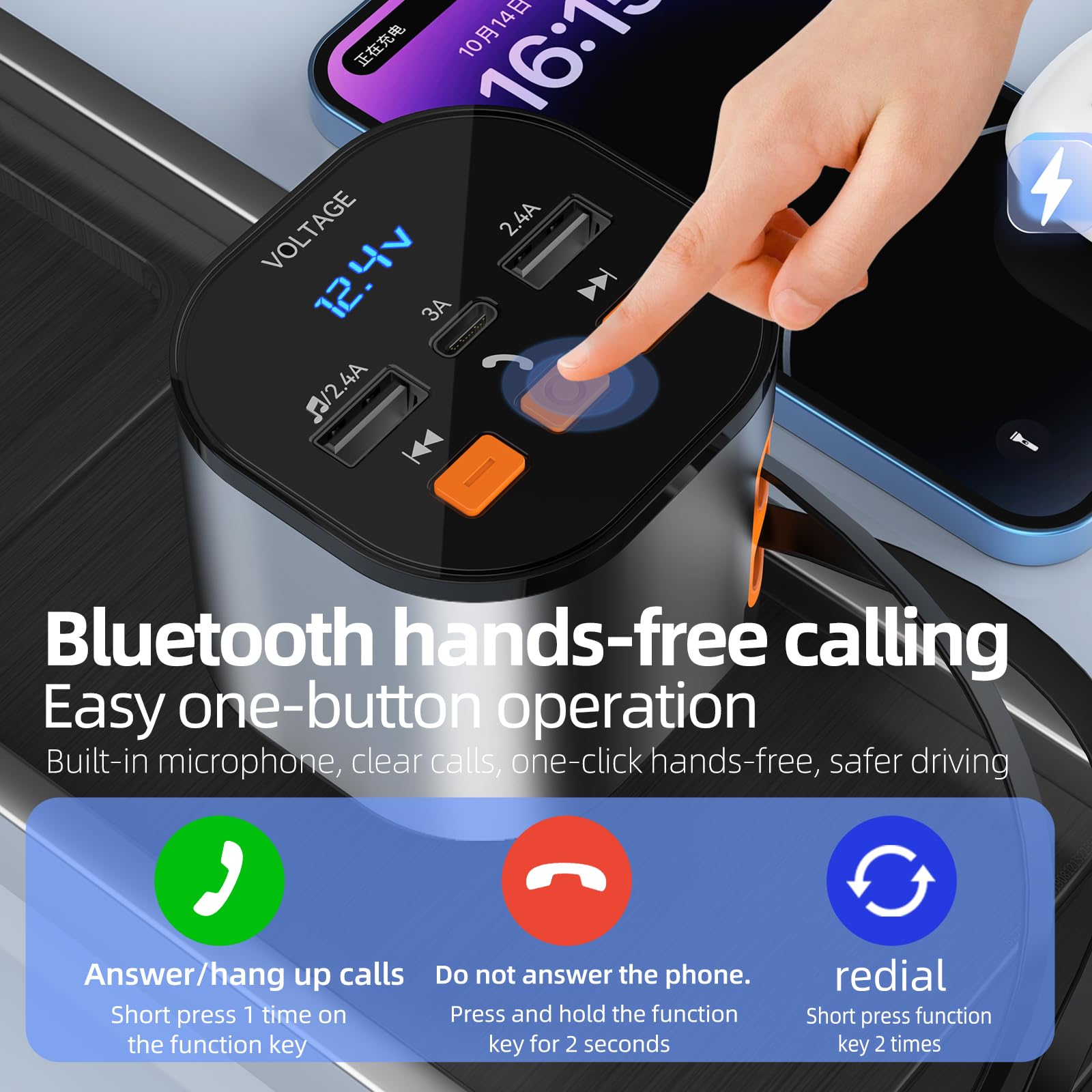 Bluetooth Fm Transmitter, Bluetooth Car Adapter Pd 100W,Retractable Car Charger 166W Fast Charging Built In Dual Retractable Cor