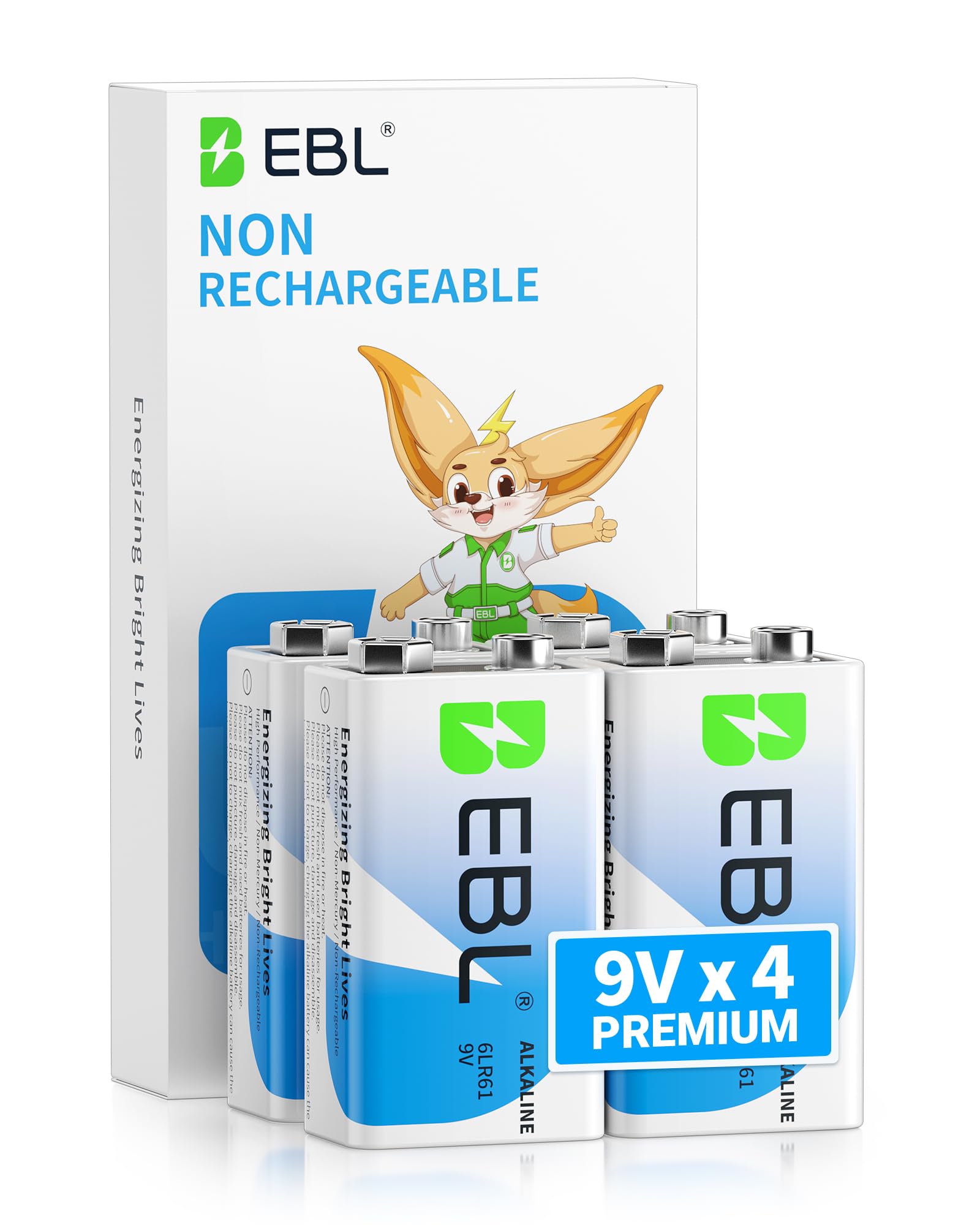 EBL 9 Volt Batteries 4 Pack, 9V Batteries Alkaline Power Ultra Long Lasting with 7 Year Shelf Life, for Smoke Detectors and Toys