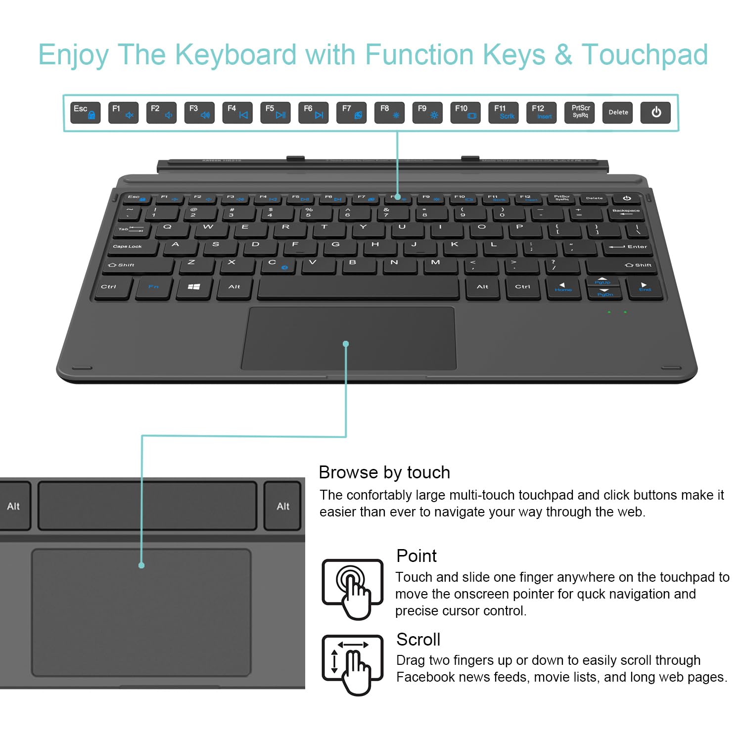 Arteck Microsoft Surface Go Type Cover, Ultra Slim Portable Bluetooth Wireless Keyboard With Touchpad For Latest Surface Go 4, 3