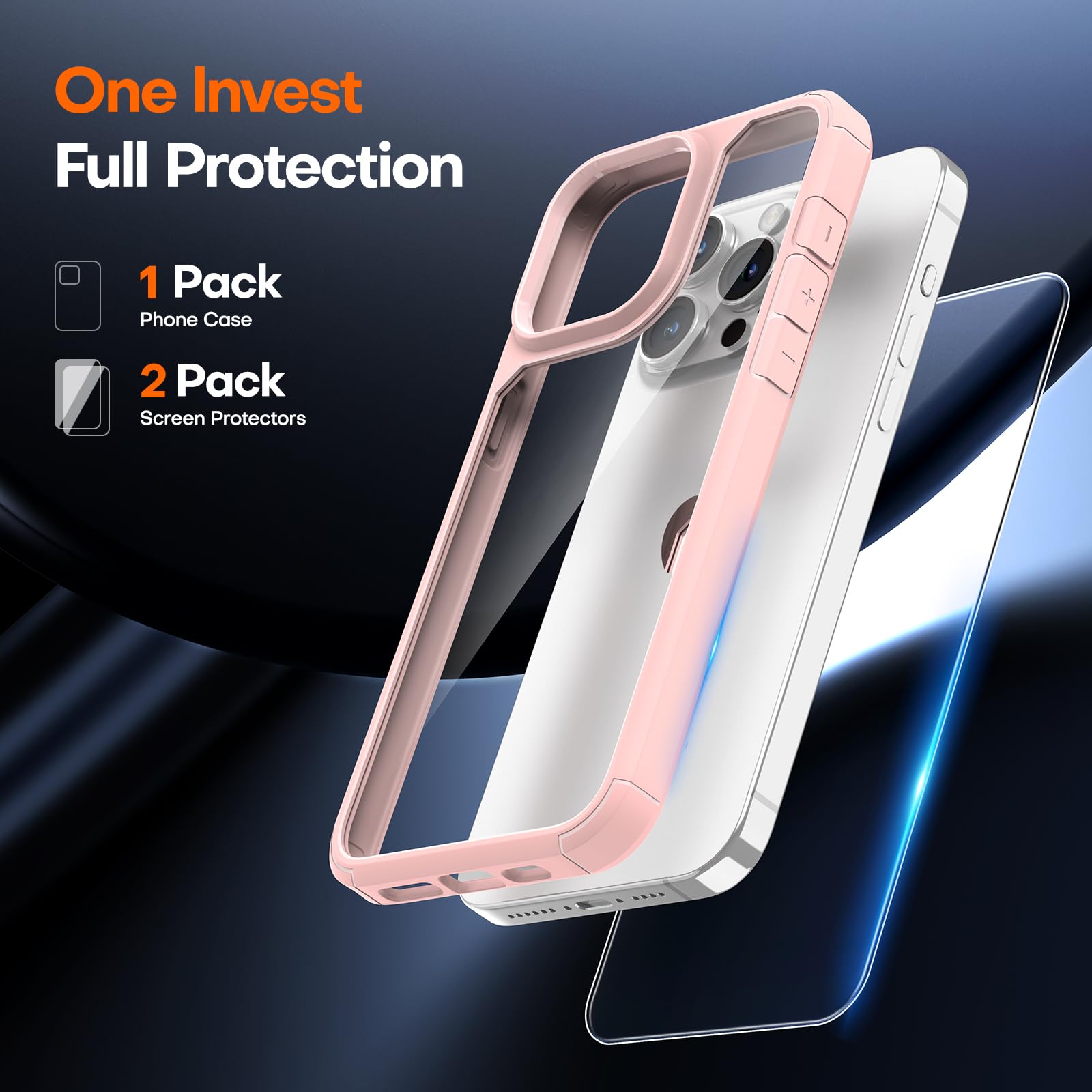 Tauri 3 In 1 For Iphone 15 Pro Case Pink, [Not Yellowing] With 2X Screen Protector [Military Grade Drop Protection] Slim Shockpr