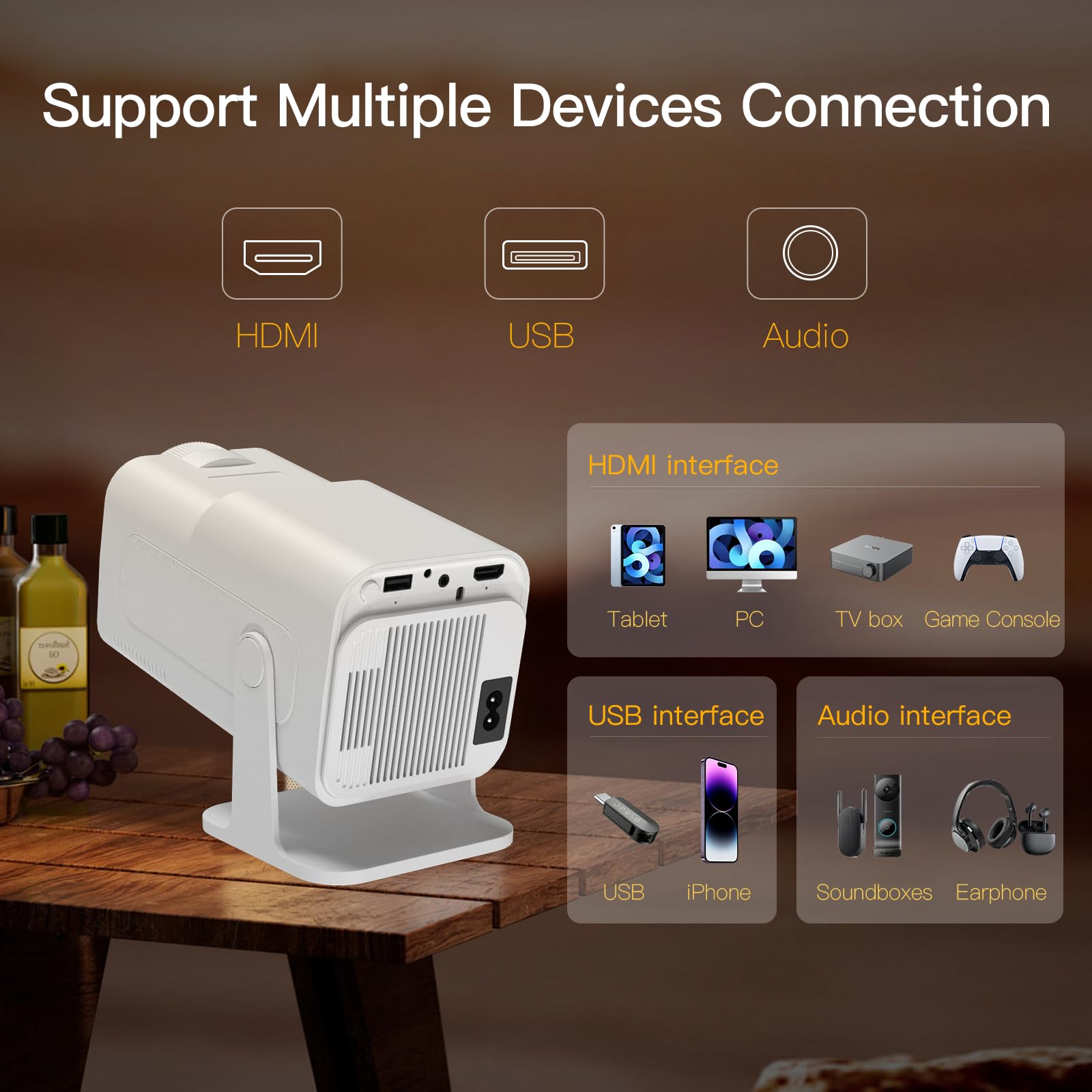 Outdoor Portable Projector Native 1080P 4K Support, Mini Projector With Wifi And Bluetooth, Hy320 Movie Proyector With Android 1