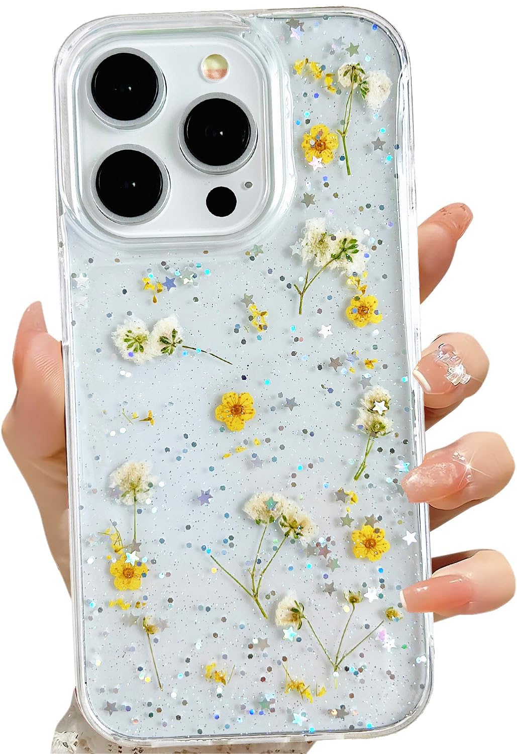 Lseeka For Iphone 14 Pro Clear Case With Pressed Real Flowers Design,Glitter Cute Yellow Floral Pattern Slim Soft Tpu Protective