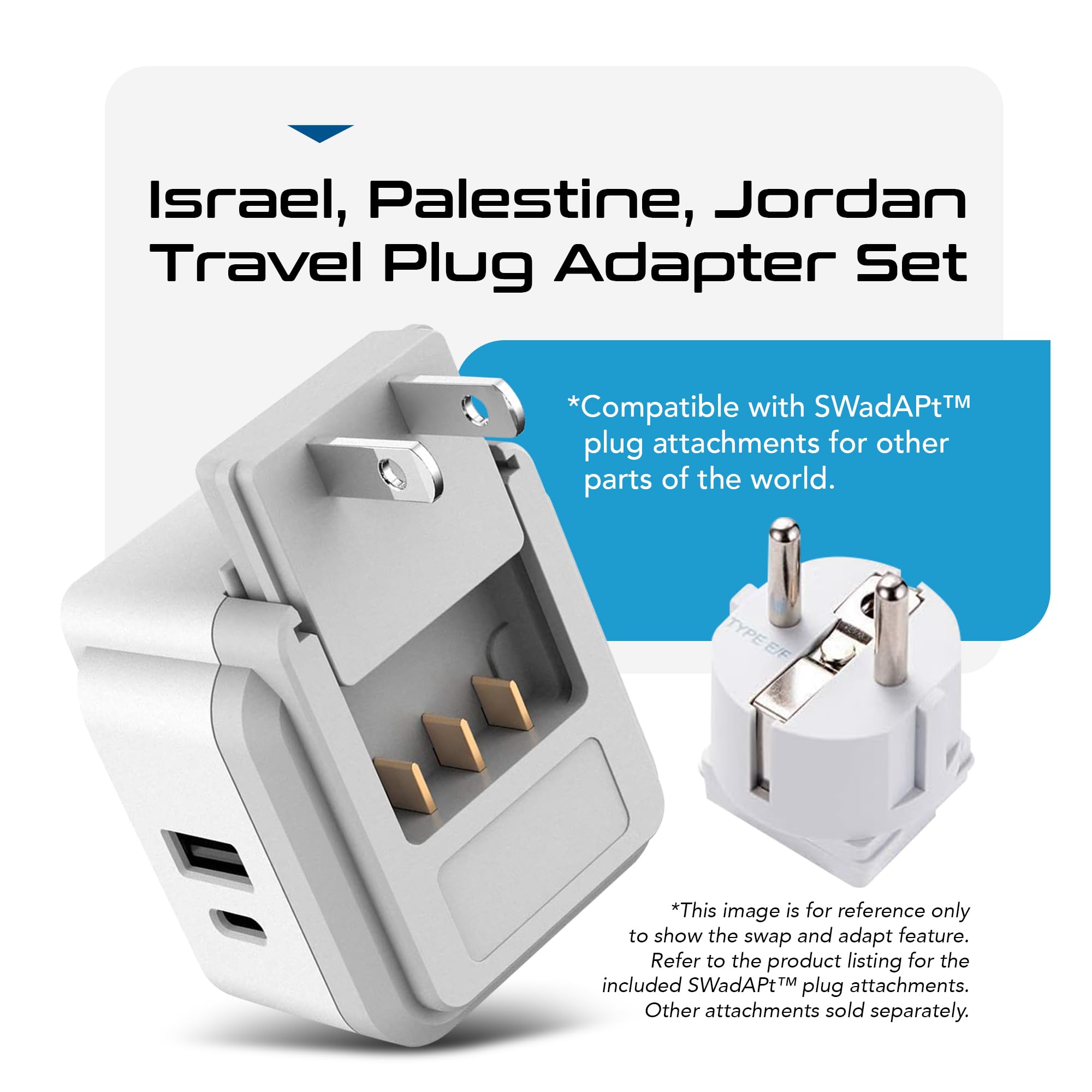 Ceptics Israel, Jordan Power Plug Adapter Travel, 20W Pd & Qc, Safe Dual Usb & Usb-C 3.1A -2 Usa Socket - Use In Jerusalem, Pale