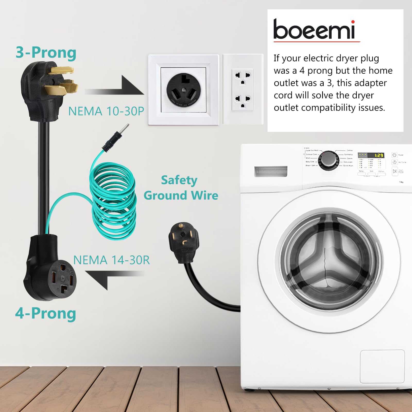 Boeemi 4 Prong To 3 Prong Dryer Adapter Cord Convert 4 Prong Dryer Plug To 3 Prong Wall Outlet, Nema 10 30P Male To 14 30R Femal