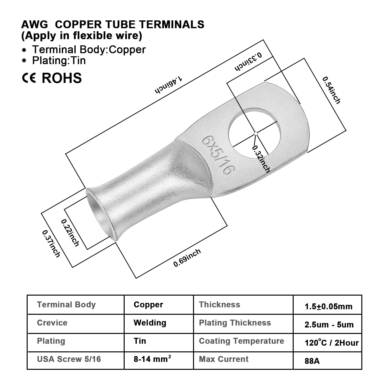 Battery Cables - Igreely 6 Gauge Battery Power Inverter Cables With 5/16 Lugs For Solar Panle Automotive Motorcycle Rv & Marin