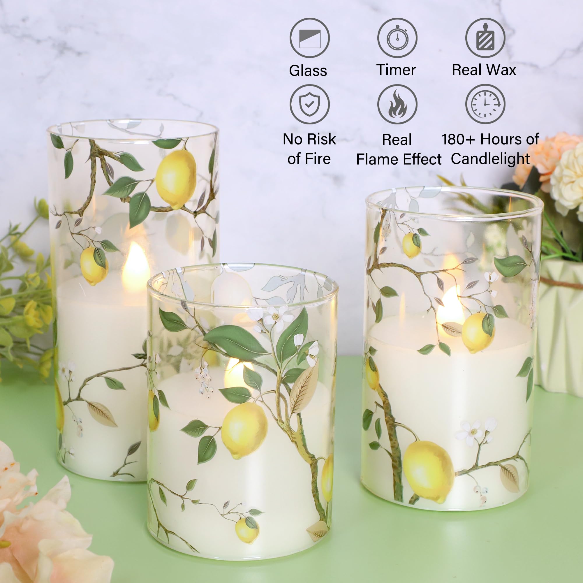 Silverstro Flameless Led Candles With Remote Lemon Decal Glass Flickering Battery Operated Candles For Home Room Party Easter We