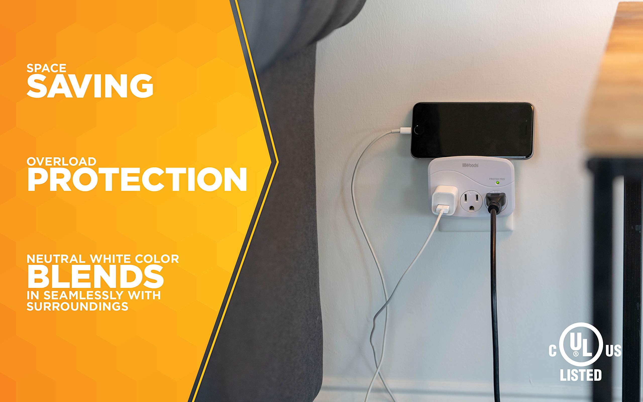 Woods 41034 Surge Protector With 3 Power, 3 Outlet 1000J Of Protection