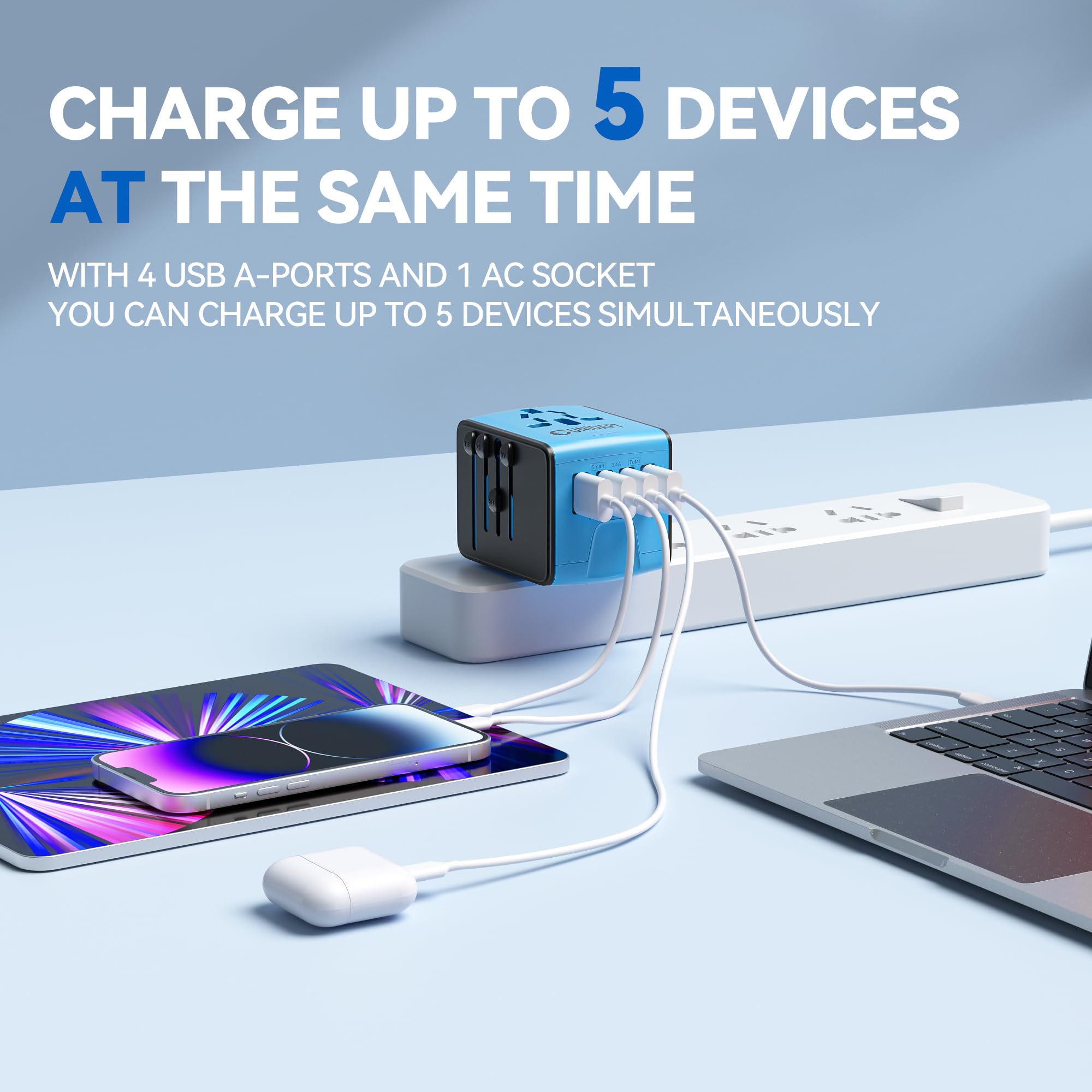 Unidapt Universal Travel Adapter, International Plug Adapter Fast 2,4A 4 Usb European Power Plug, Ac Wall Charger � Worldwide Outlet For Europe Us Usa Uk Eu Aus, Blue
