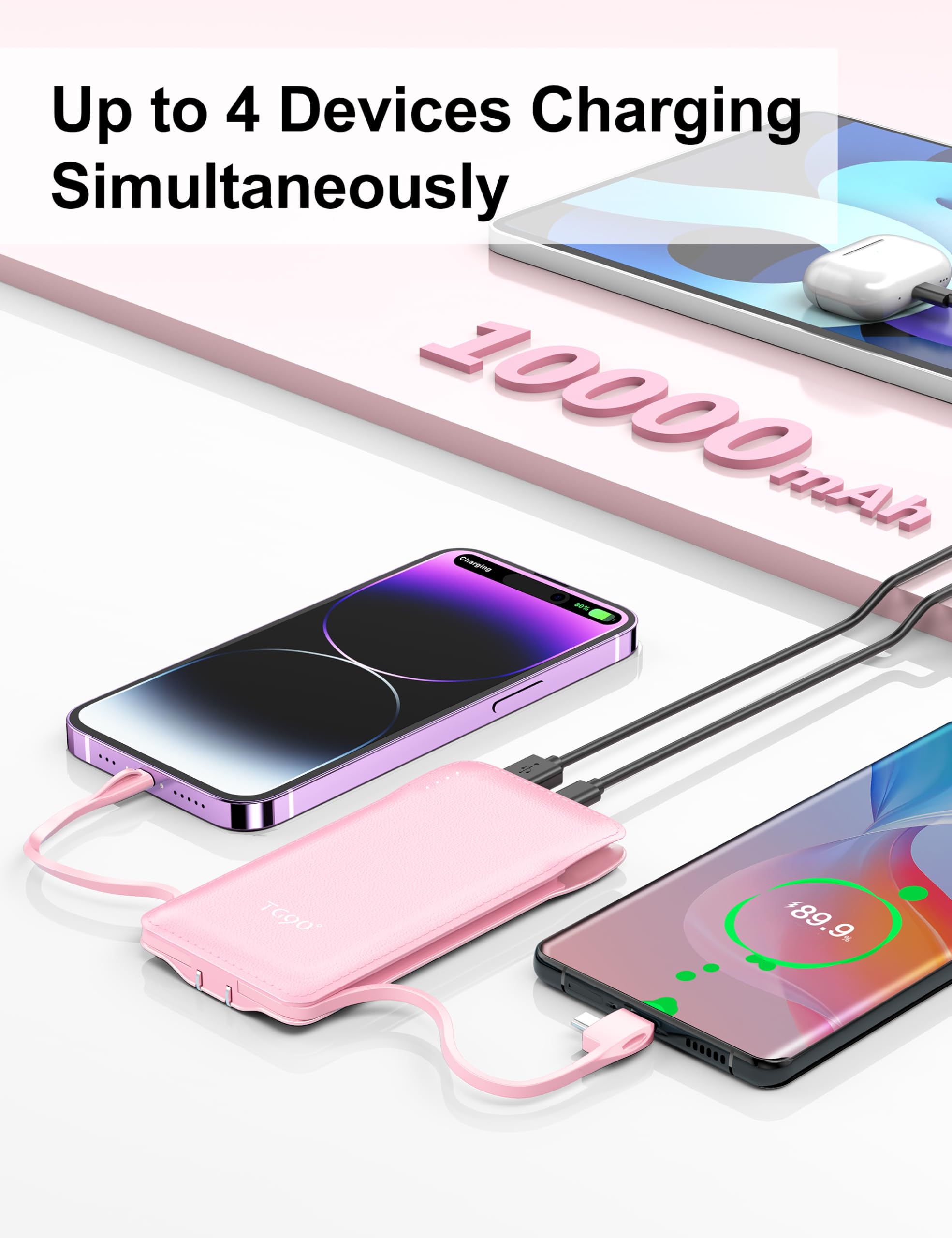 Tg90 2 Pack Slim 10000Mah Power Bank Built In Foldable Ac Wall Plug And Cables,Ultra Compact Cell Phone Charger,Pocket Size Usb