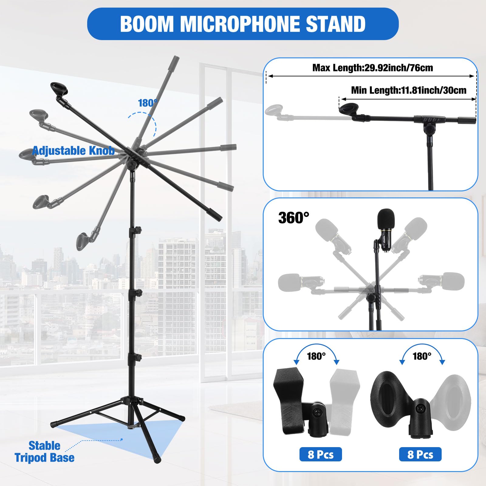 Relaxweex 8 Pcs Tripod Microphone Stand Boom Arm Floor Mic Stand Adjustable Height 26-67 Inch With 8 Carrying Bag And 16 Mic Cli