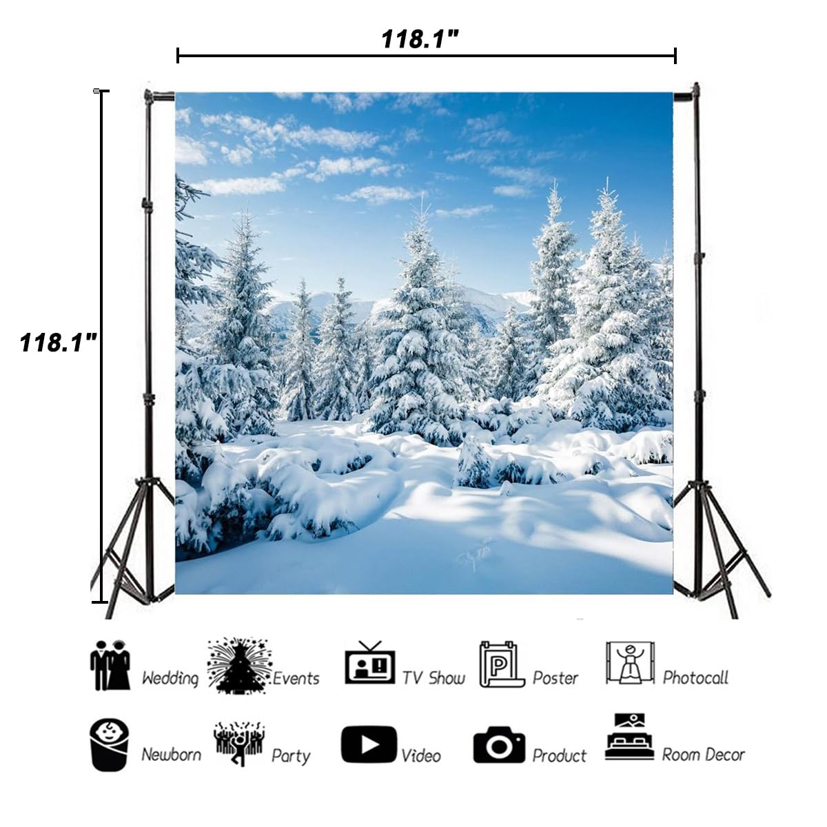 Aofoto 10X10Ft Snowy Scenery Backdrop Forest Snow Tree Photography Background Winter Snowfield Landscape Snow Covered Fir Pine T