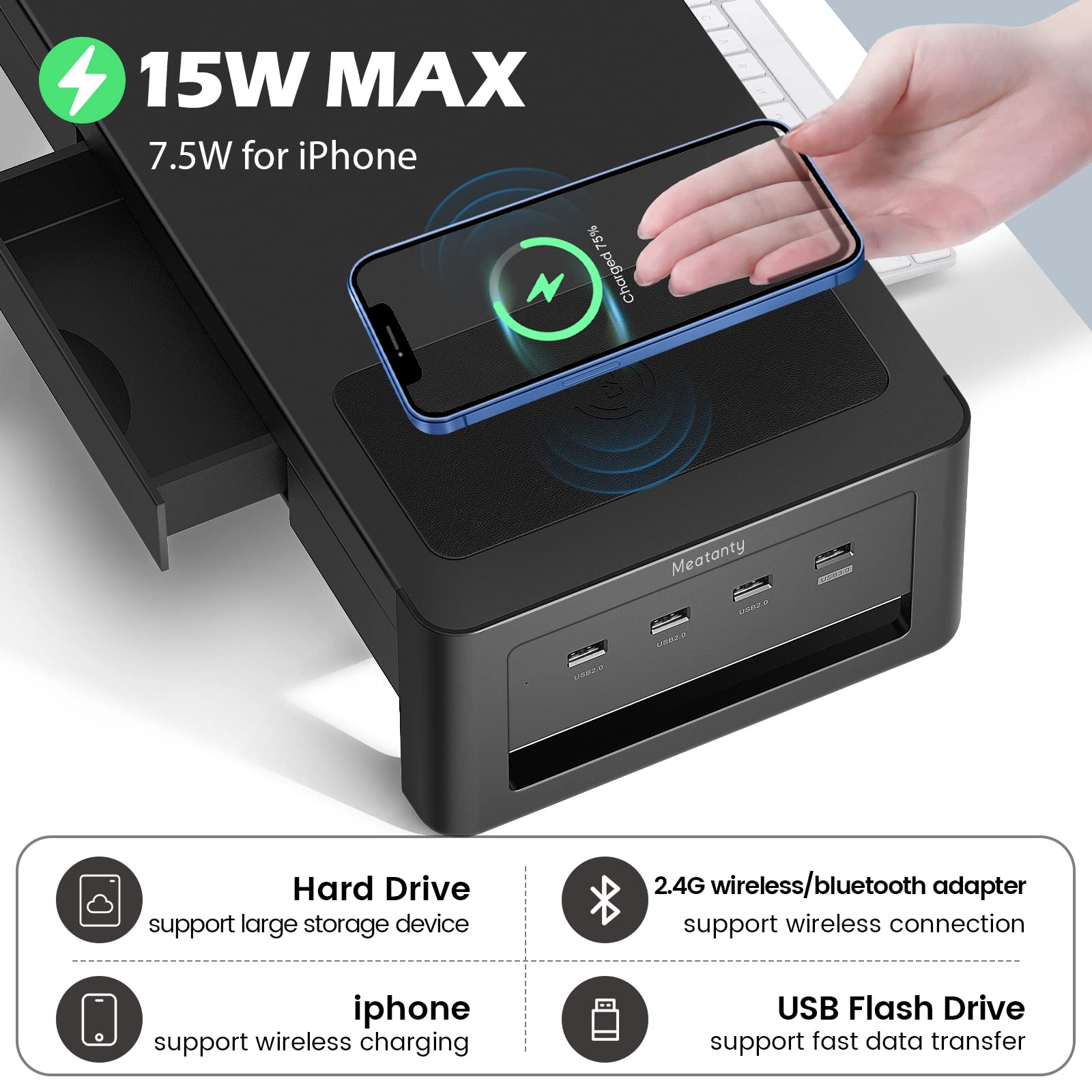 Meatanty 3 In 1 Monitor Stand Riser With 2 Drawers,1 Wireless Charging Module And 4 Usb Ports,Metal Computer Stand Support Trans