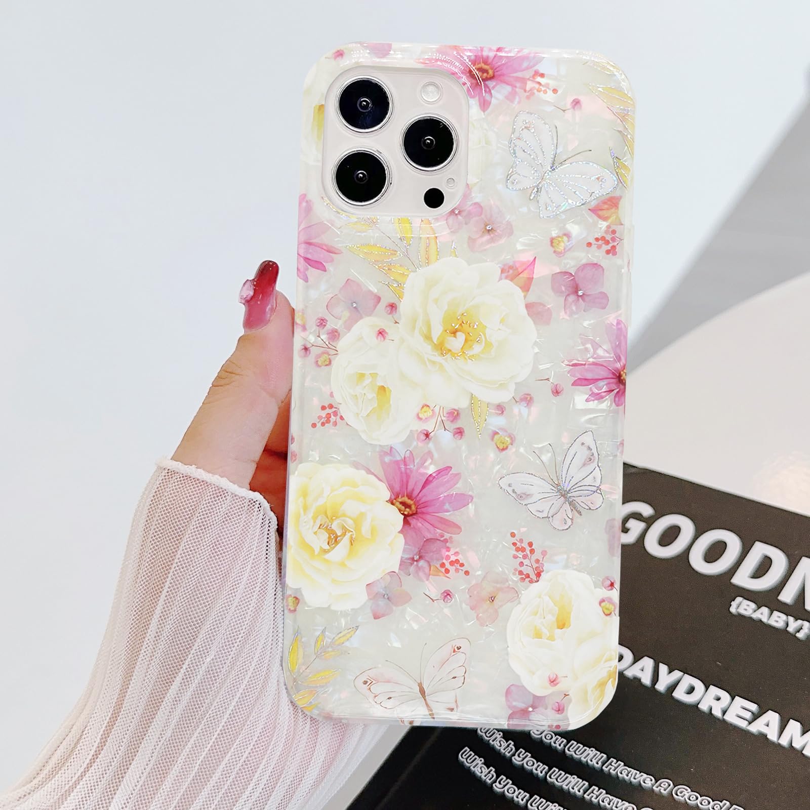 J.west iPhone 14 Pro Max Case Glitter Floral Print TPU Pink 6.7 inch
