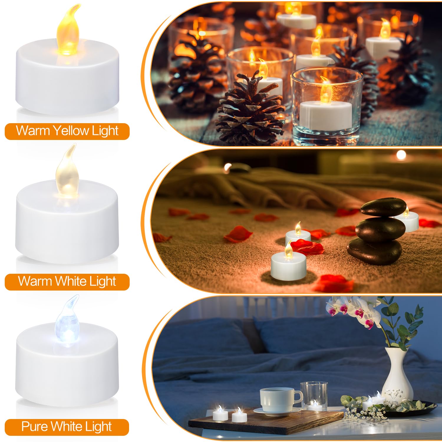 Koaby 12/24/50 Pack Tea Lights With Timer, Auto On 6 Hours And Off 18 Hours In 24 Hours Cycle, Flameless Flickering Battery Oper