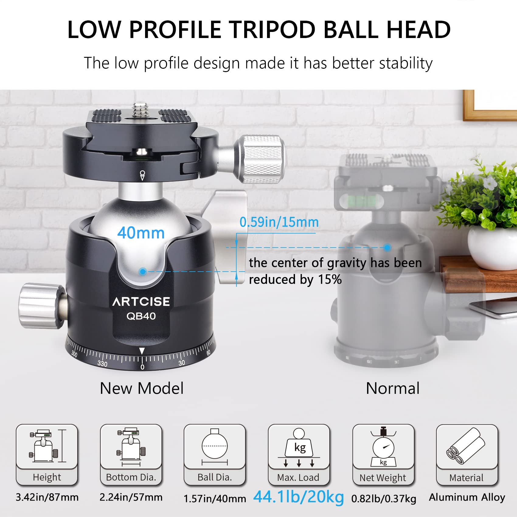 Low Profile Camera Tripod Head With 2 Arca Quick Release Plates 40Mm Aluminium 360 Rotating Panoramic Ball Head Load 44Lbs/20Kg