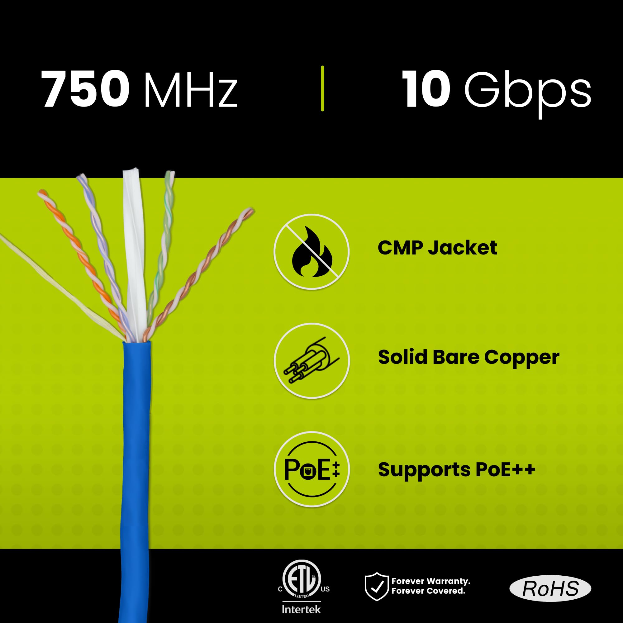 Truecable Cat6A Plenum (Cmp), 1000Ft, Blue, 23Awg 4 Pair Solid Bare Copper, 750Mhz, Poe++ (4Ppoe), Etl Listed, Unshielded Twisted Pair (Utp), Bulk Ethernet Cable